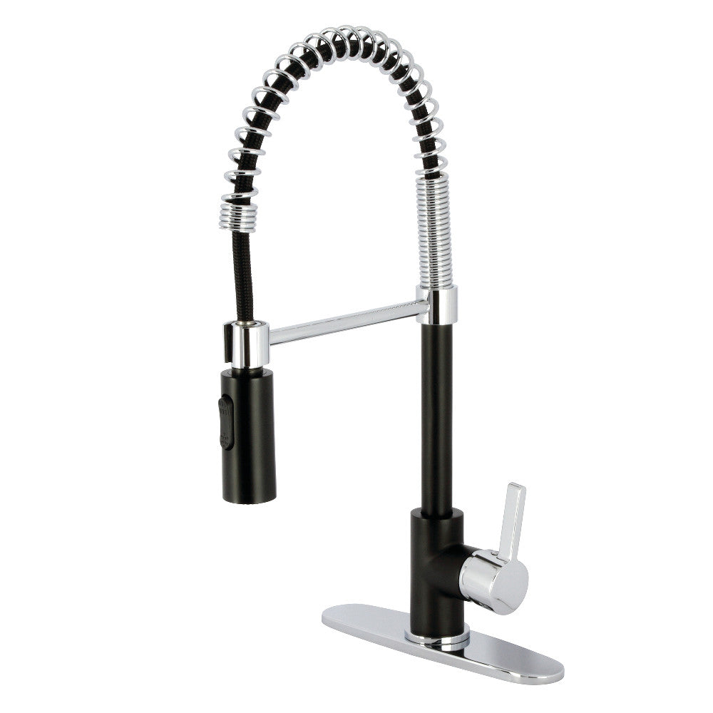 Matte black and polished chrome deck-mount kitchen pre-rinse faucet with spray head and hose