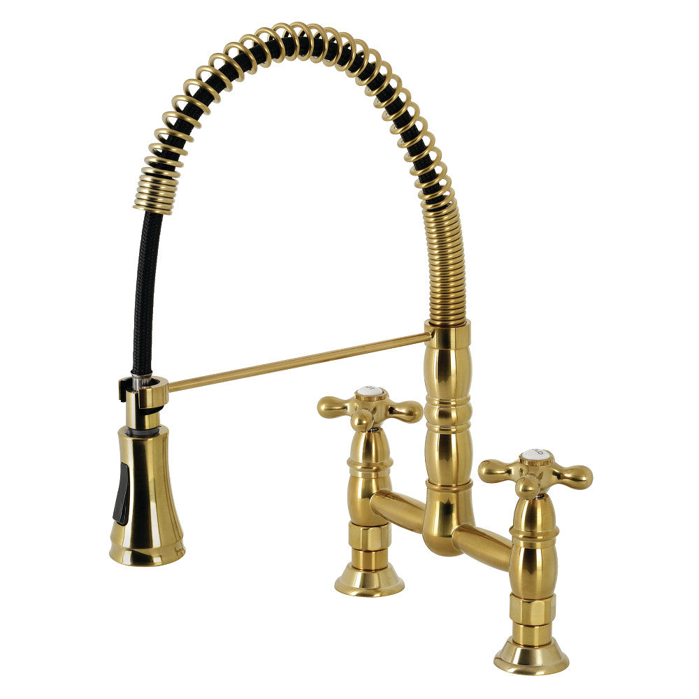 Brushed brass double-handle deck kitchen faucet with arched pull-down sprayer
