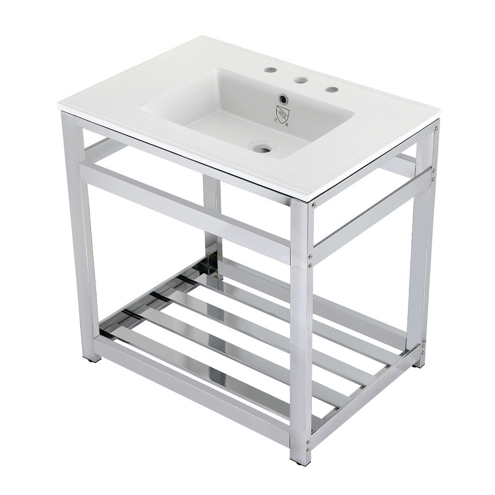 White ceramic console sink with chrome steel base and open storage shelf, three faucet holes