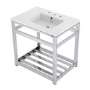 Kingston Brass Quadras 31" Ceramic Console Sink with Steel Base and Shelf (8-Inch, 3-Hole), White/Chrome (VWP3122W8A1)