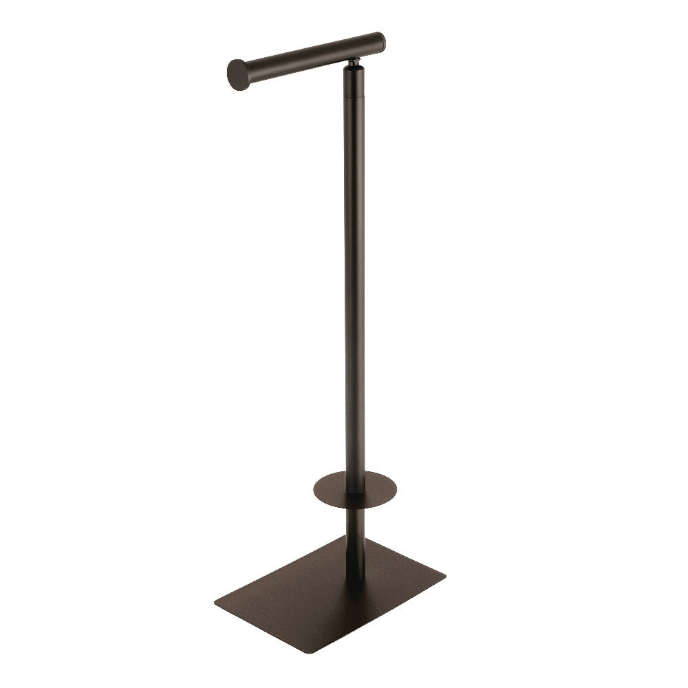 Freestanding toilet paper holder with oil-rubbed bronze round base and horizontal arm
