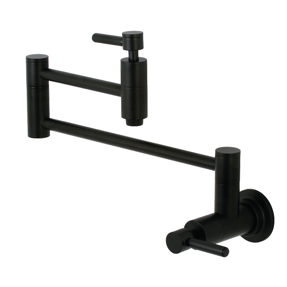 Matte black wall mount pot filler faucet with dual cross handles and arched spout
