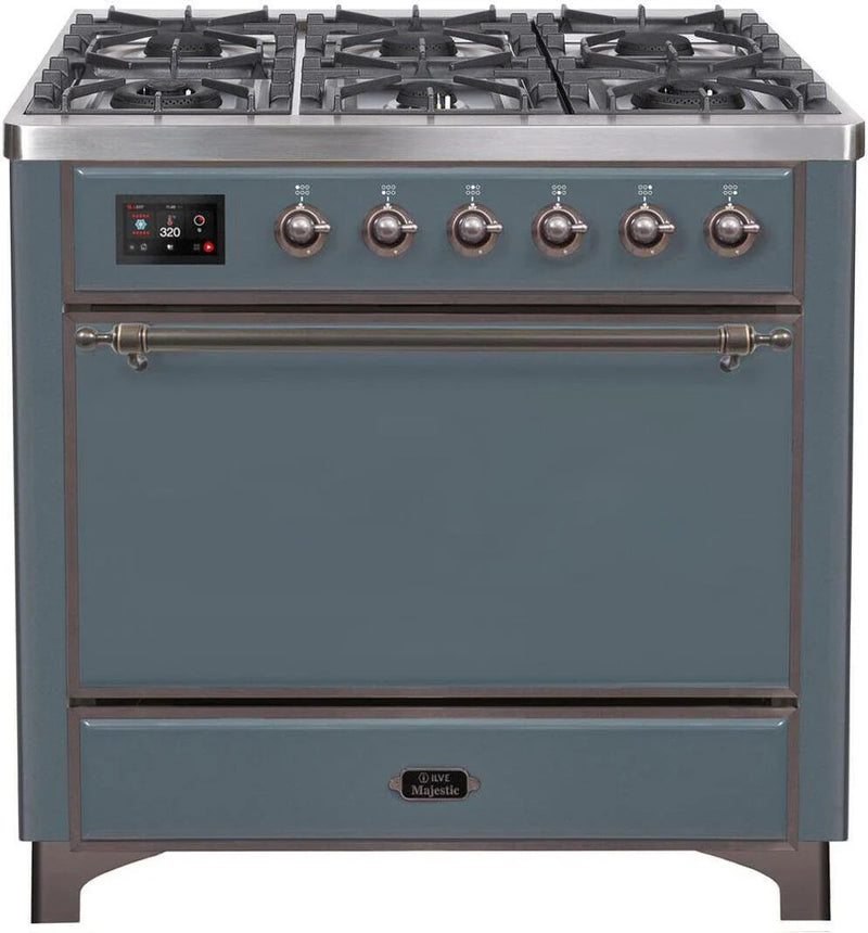 ILVE 36-Inch Majestic II Series Freestanding Dual Fuel Solid Door Single Oven Range with 6 Sealed Burners and Removable Griddle in Blue Grey with Bronze Trim (UM09FDQNS3BGB)