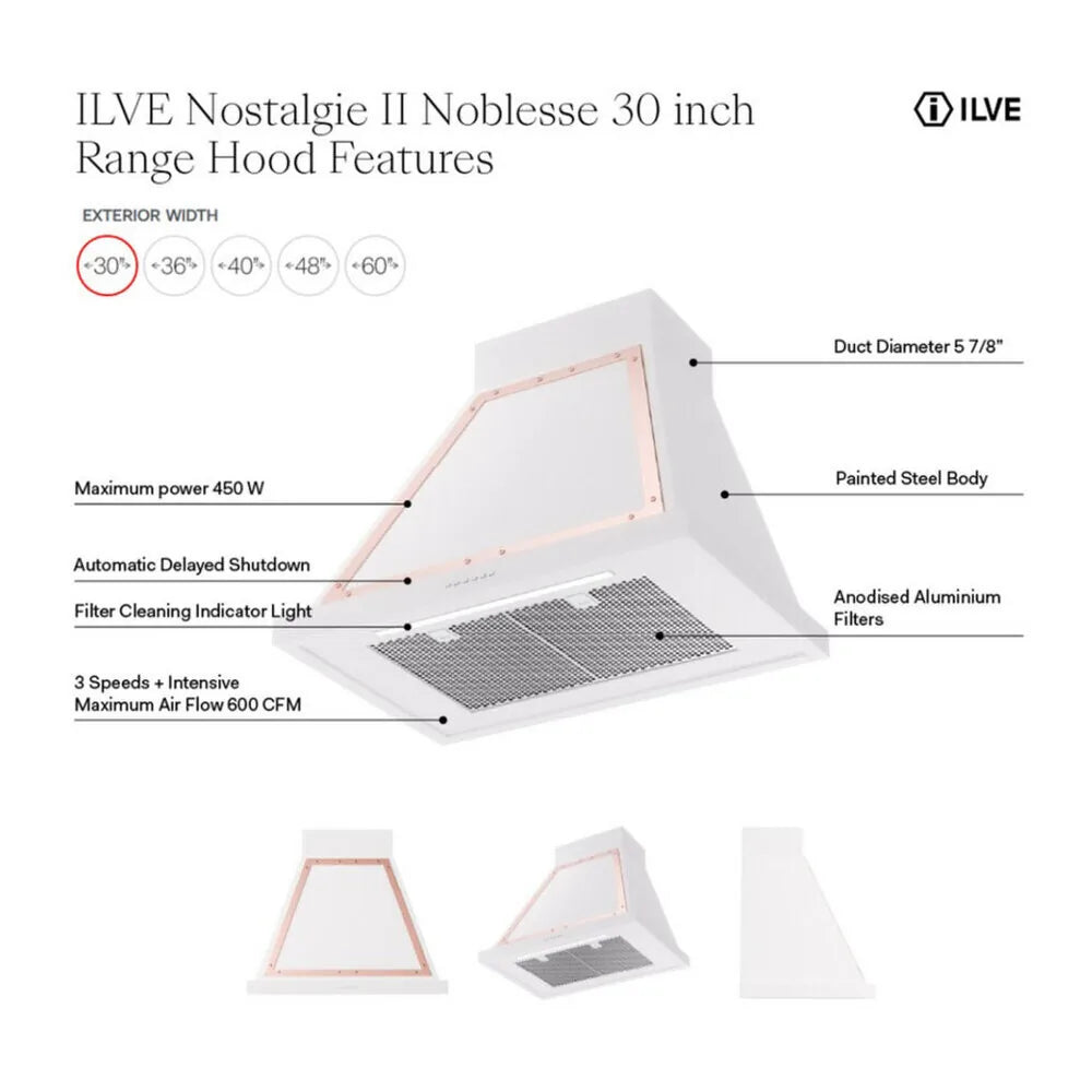 ILVE Nostalgie II 30-Inch 600 CFM Wall Mounted Range Hood in Mediterranean Mint with Copper Trim (UANB30MMP)