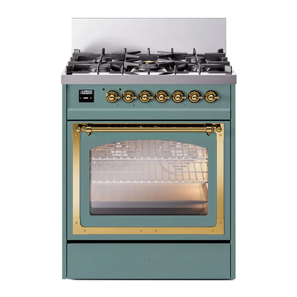 ILVE Nostalgie II Noblesse 30-Inch Natural Gas Dual Fuel Range with Triple Glass Door in Mediterranean Mint with Brass Trim (UN30NMPMMG)