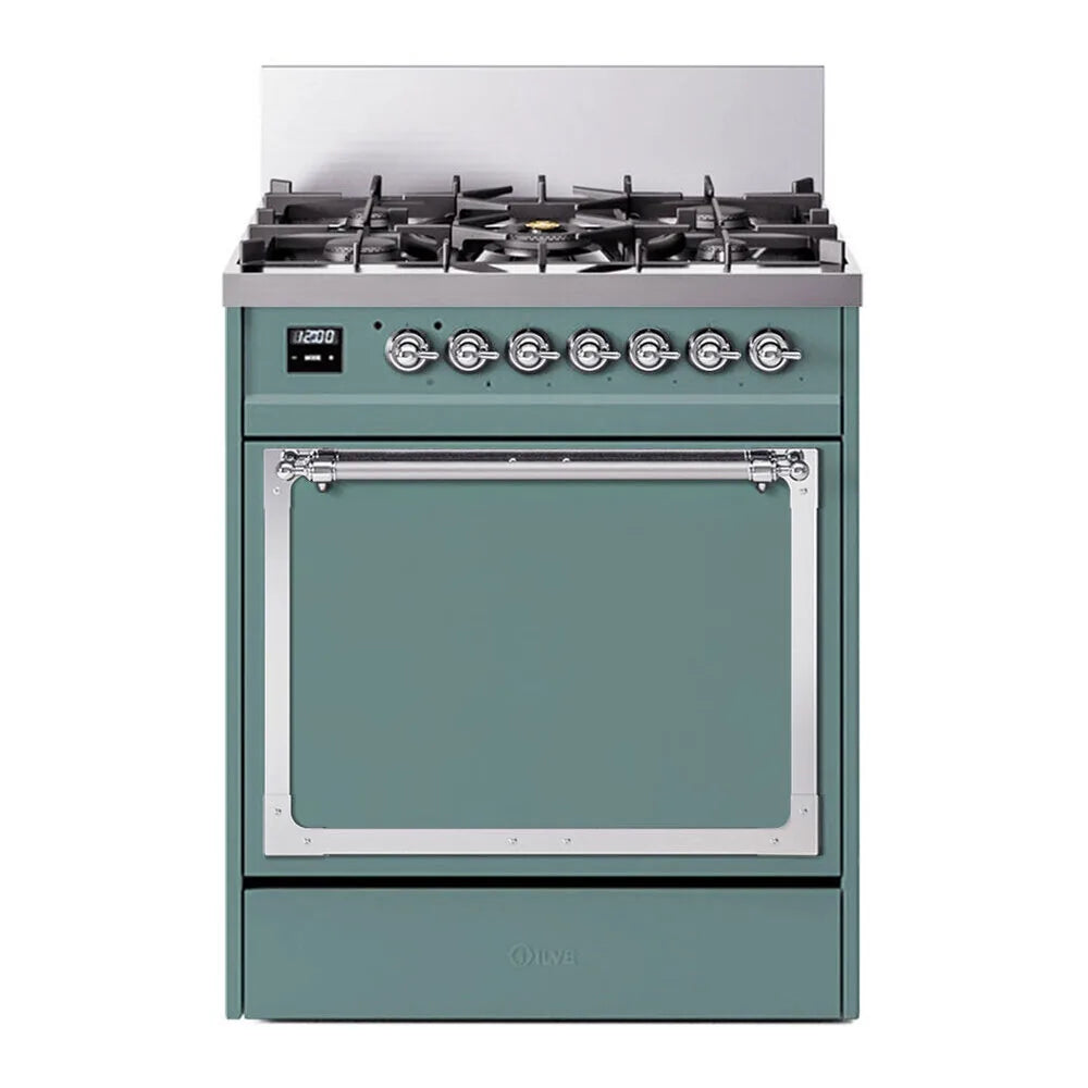 ILVE Nostalgie II Noblesse 30-Inch Propane Gas Dual Fuel Range with Solid Door in Mediterranean Mint with Chrome Trim (UN30QNMPMMCLP)
