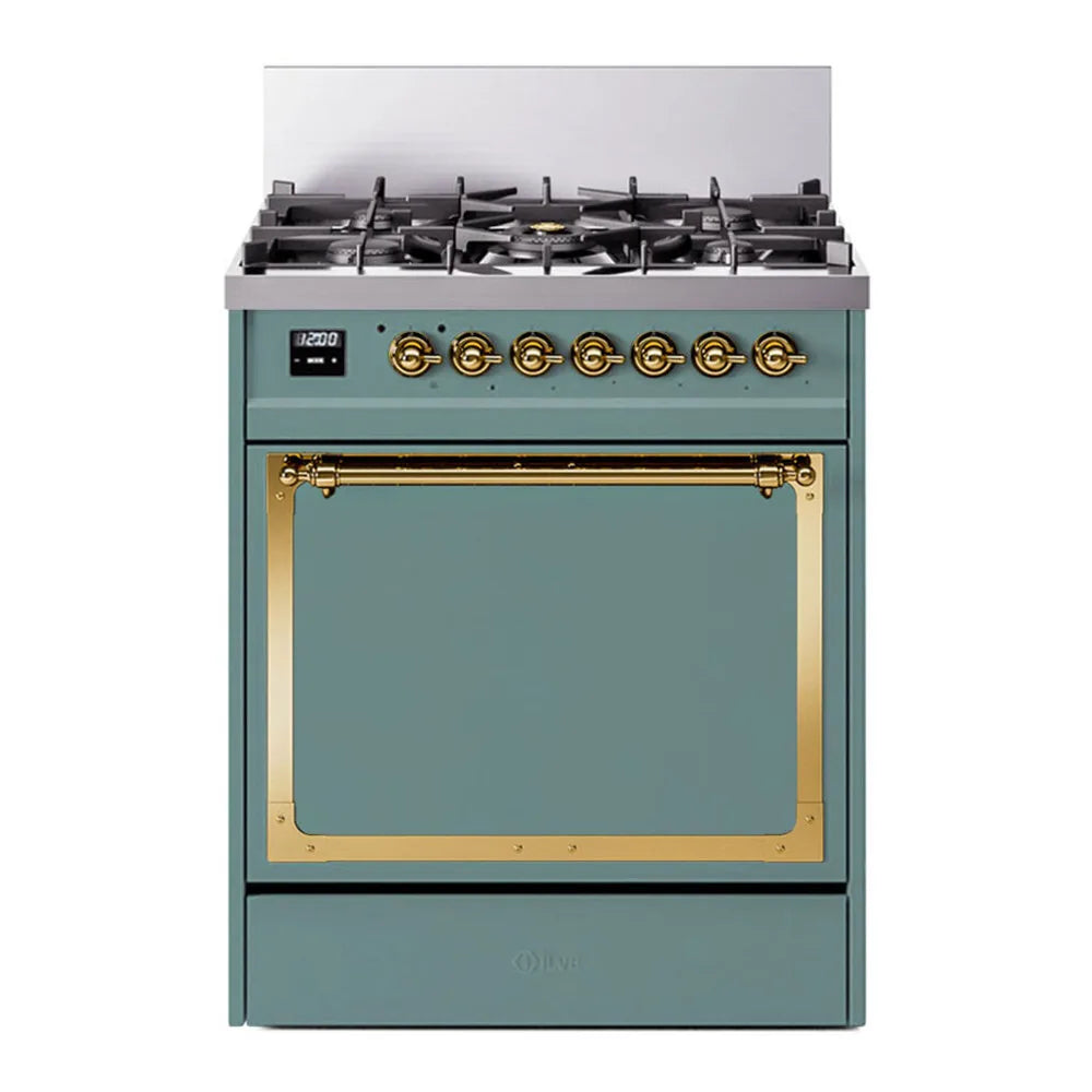 ILVE Nostalgie II Noblesse 30-Inch Propane Gas Dual Fuel Range with Solid Door in Mediterranean Mint with Brass Trim (UN30QNMPMMGLP)