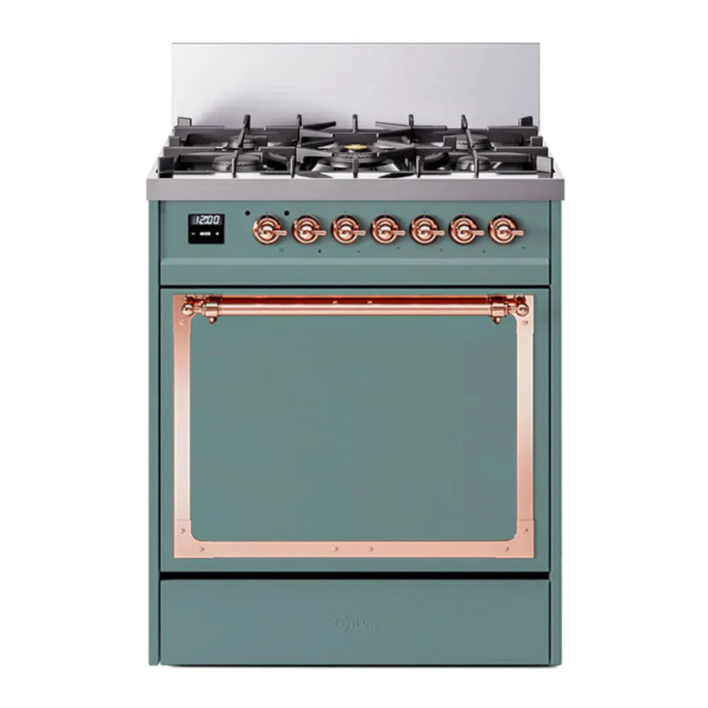 ILVE Nostalgie II Noblesse 30-Inch Propane Gas Dual Fuel Range with Solid Door in Mediterranean Mint with Copper Trim (UN30QNMPMMPLP)