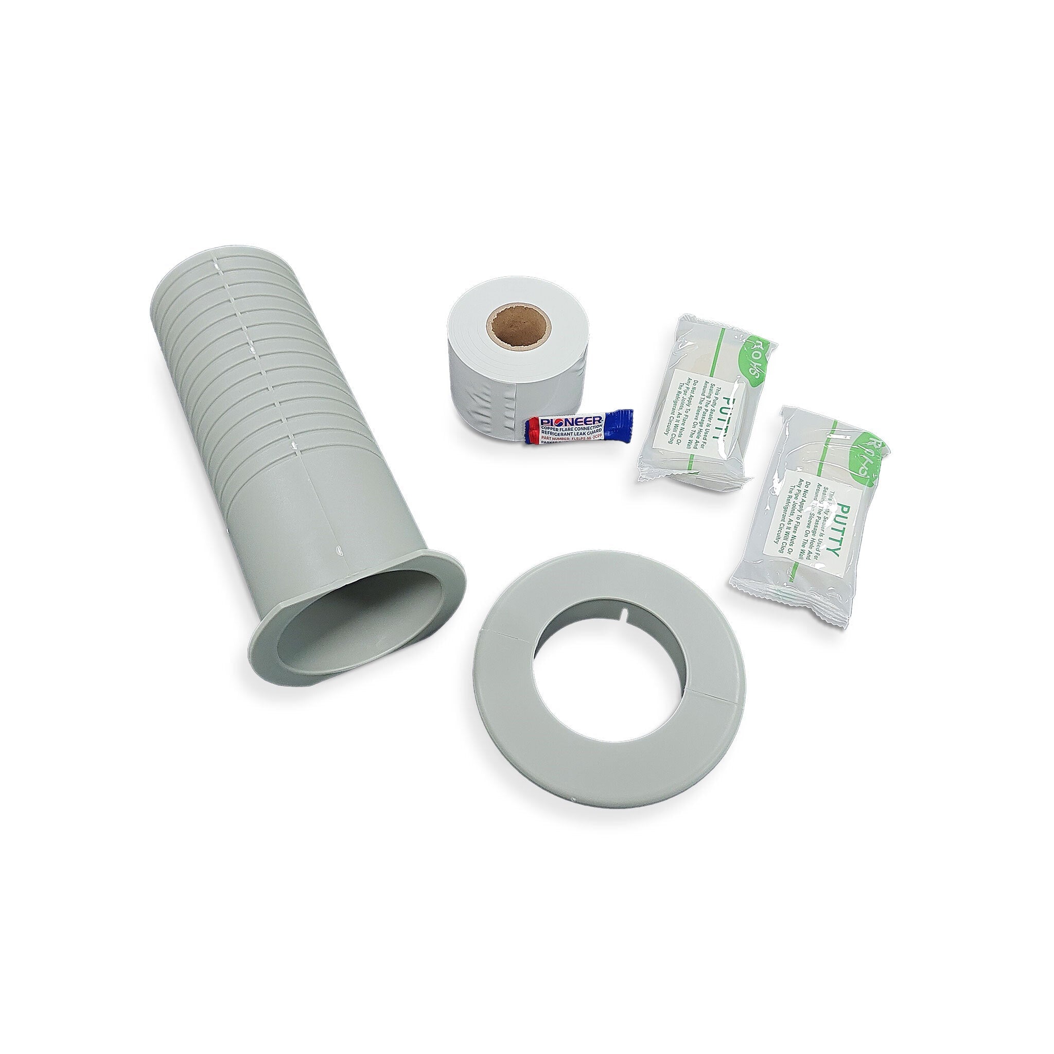 Mini-split installation kit accessories: insulated coupler sleeves, tape, and seal packs