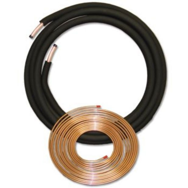 Copper insulated line set with black jacket and coiled copper tubing