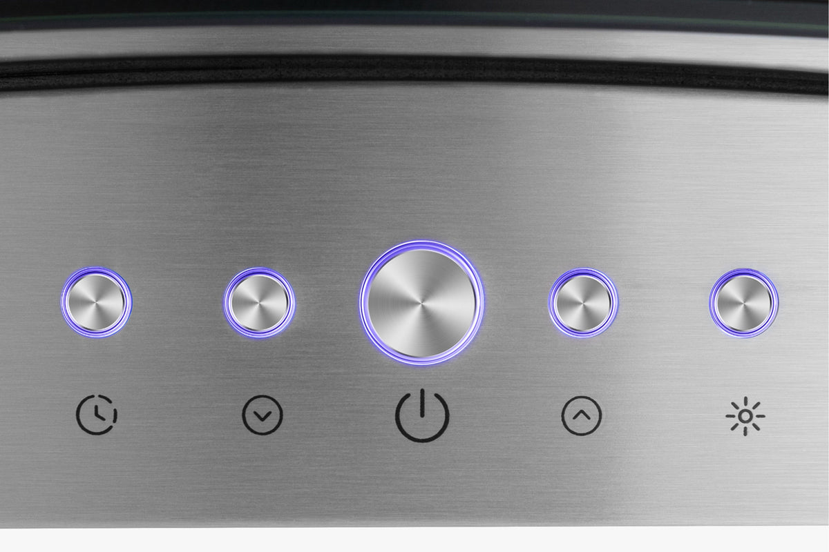 Stainless steel control panel with round touch buttons and indicator icons