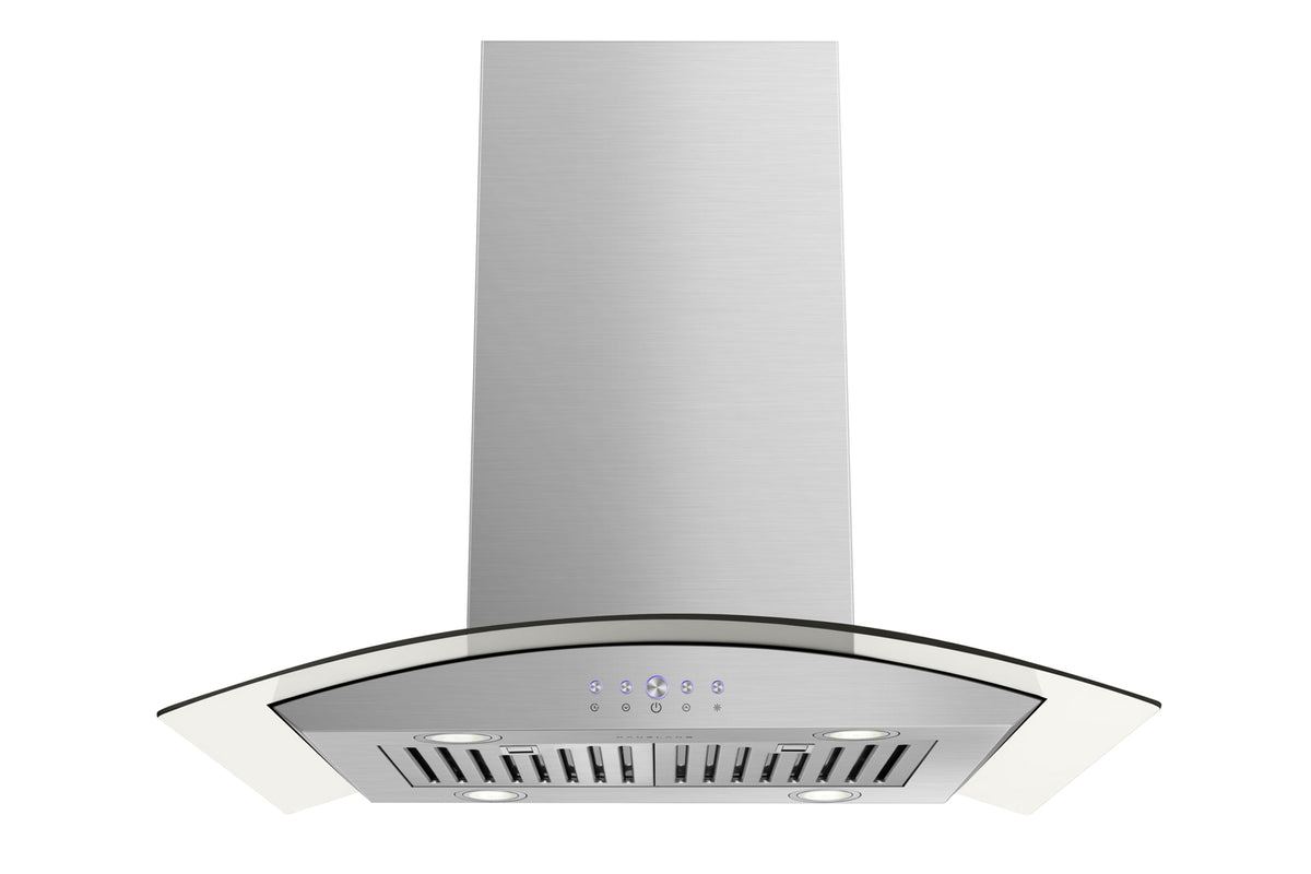 Stainless steel convertible range hood with front vent grille and control buttons