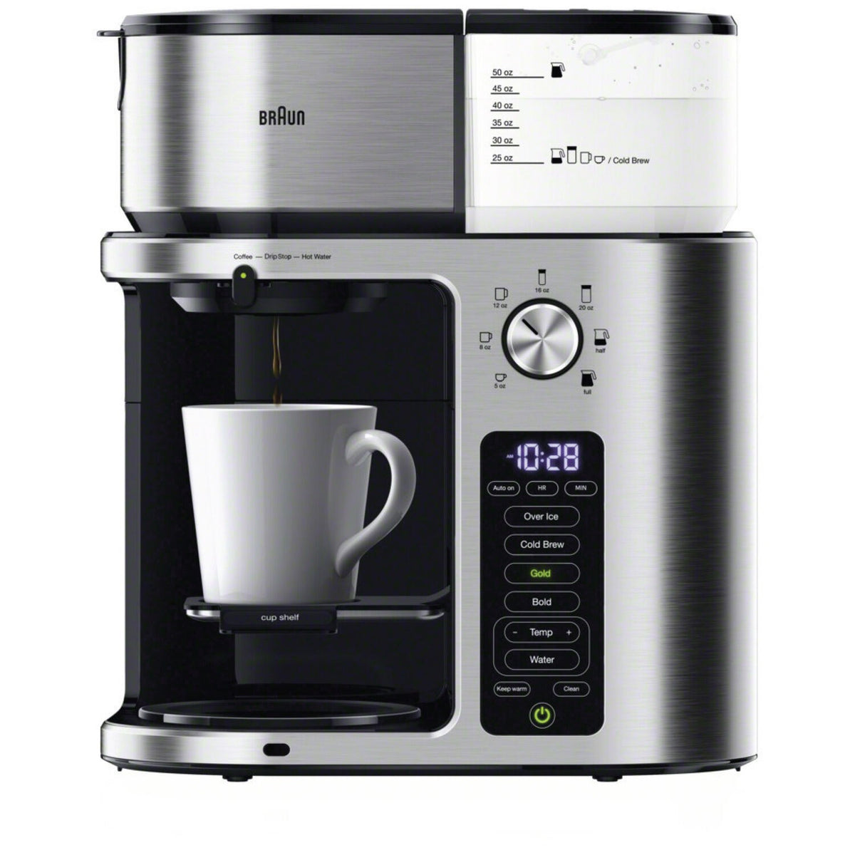 Braun coffee maker with black brew funnel, glass carafe, and digital timer display
