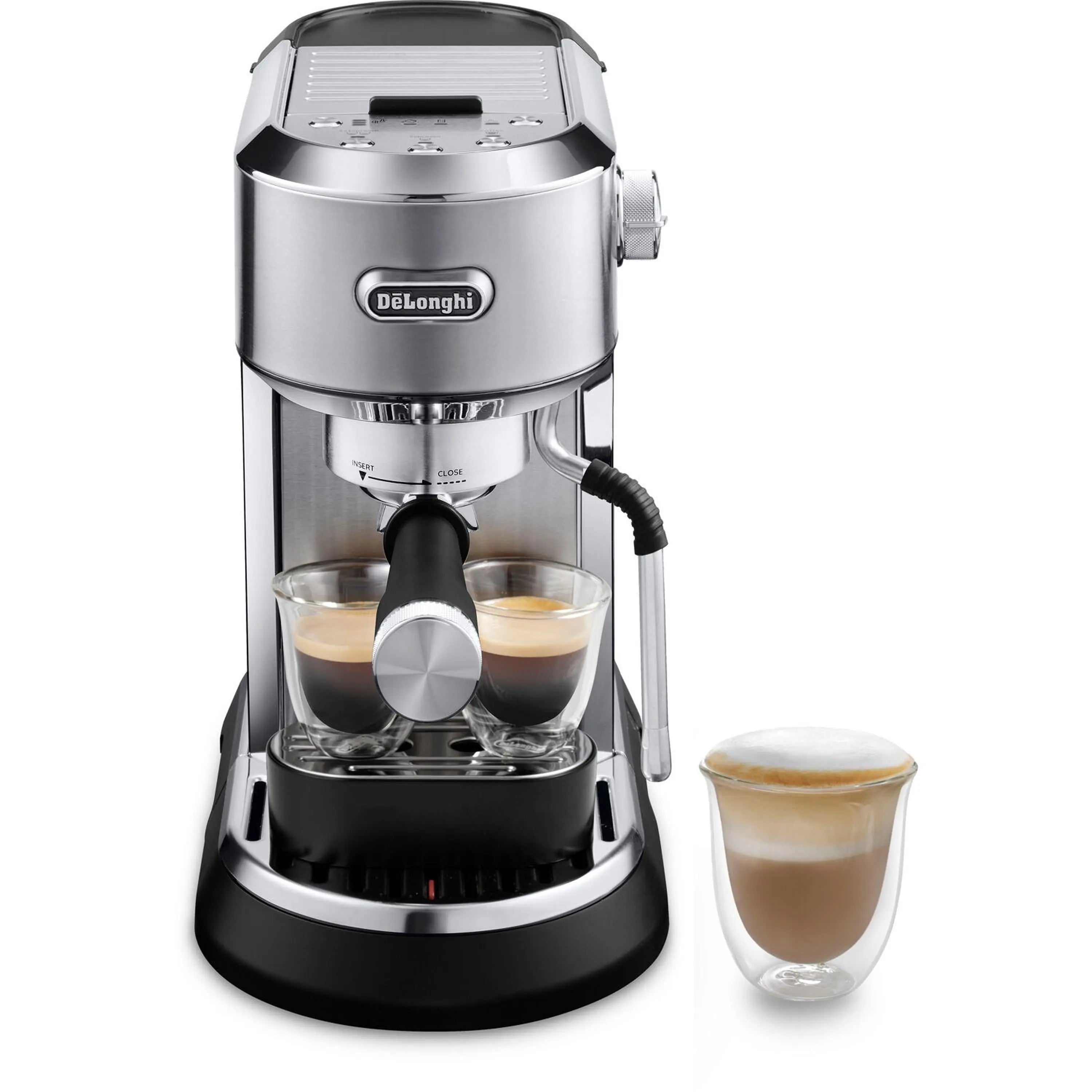 Front view stainless steel espresso machine with steam wand and two filled glass cups