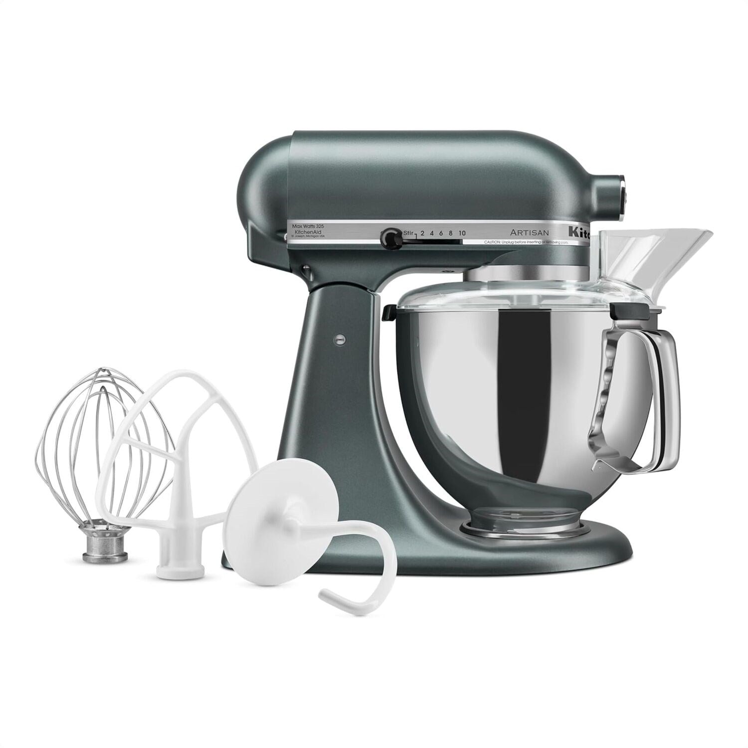 Juniper KitchenAid stand mixer with stainless bowl plus wire whisk, paddle, and dough hook