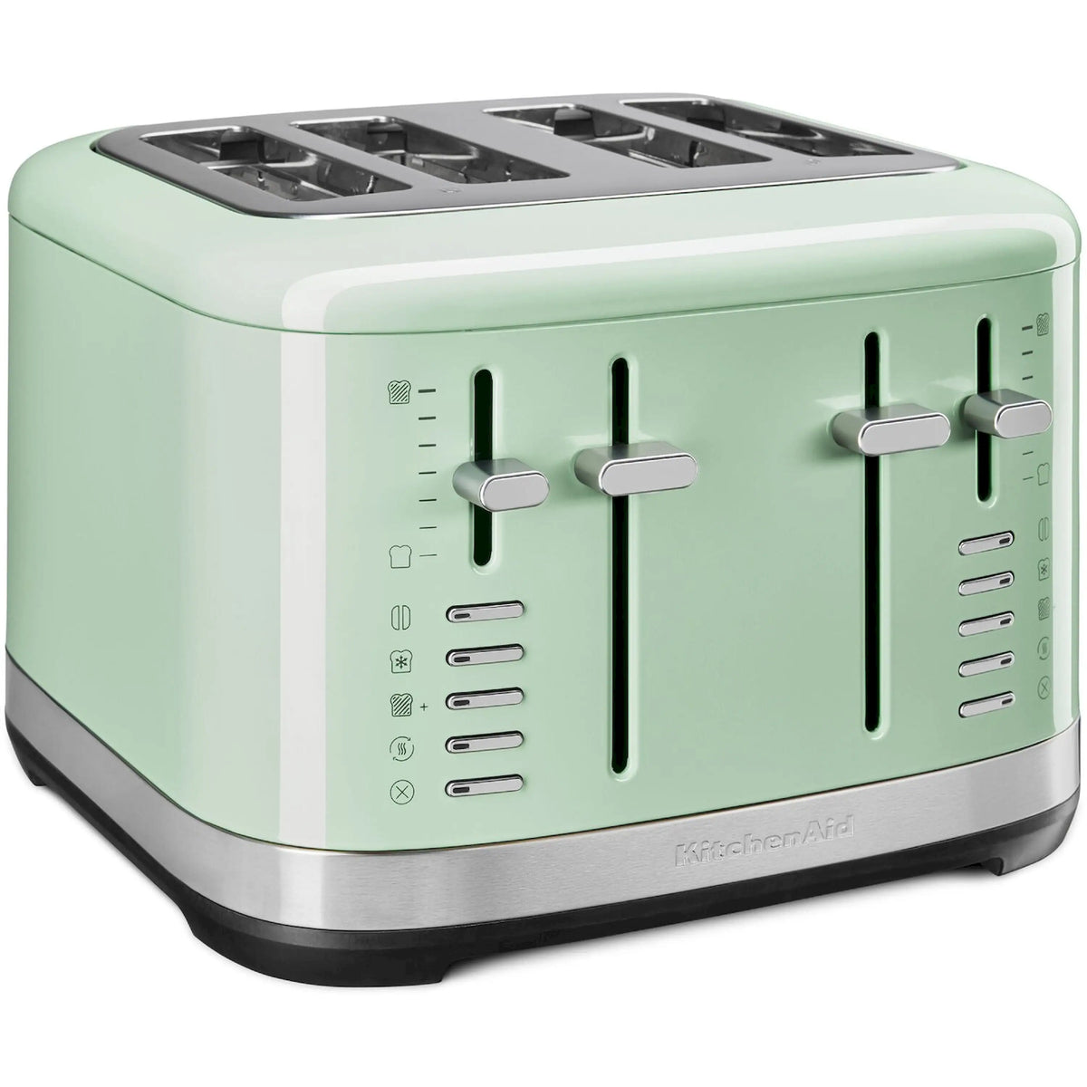 Pistacchio green 4-slice toaster angled view with four slots and silver control levers