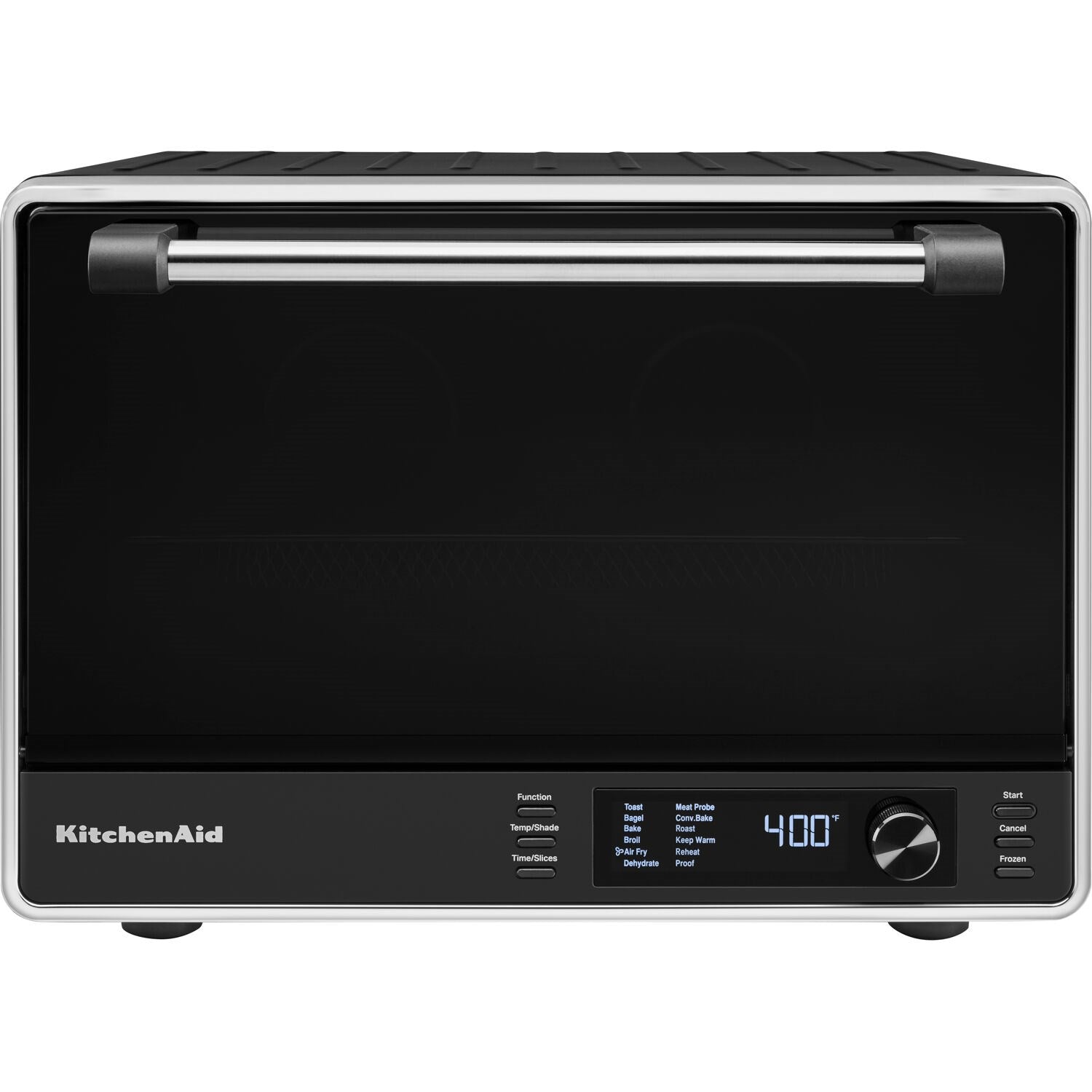 Black matte countertop oven front with control display and temperature dial