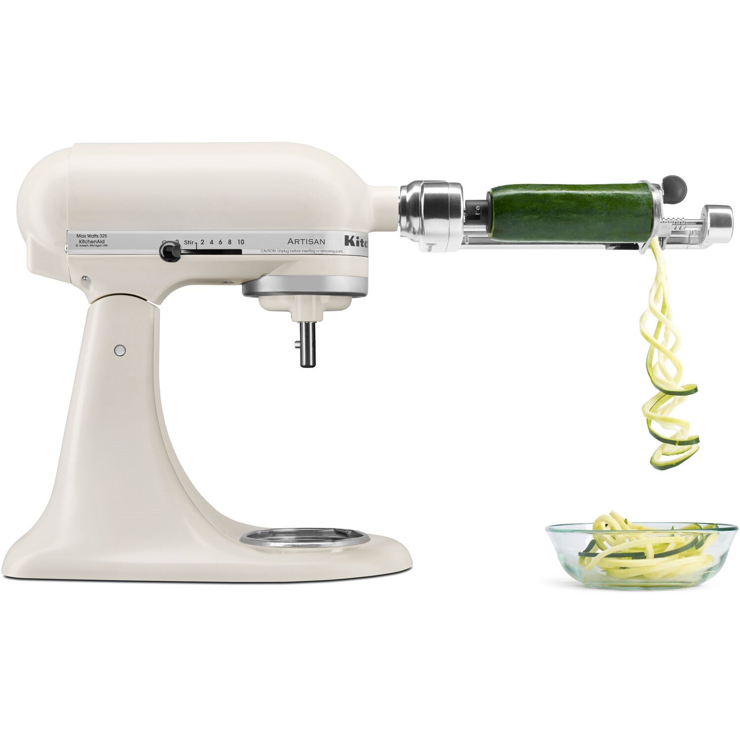 Porcelain tilt-head stand mixer with green spiral attachment and beater tool