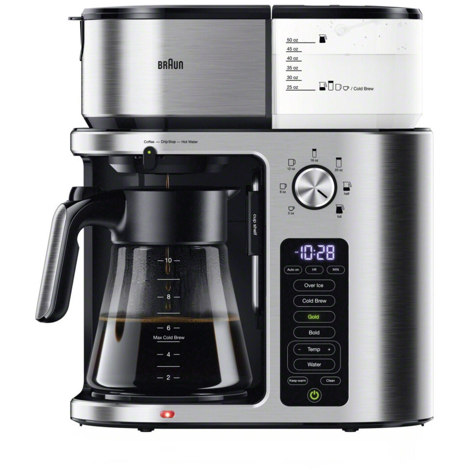Braun coffee maker with glass carafe, brew funnel, and illuminated digital display