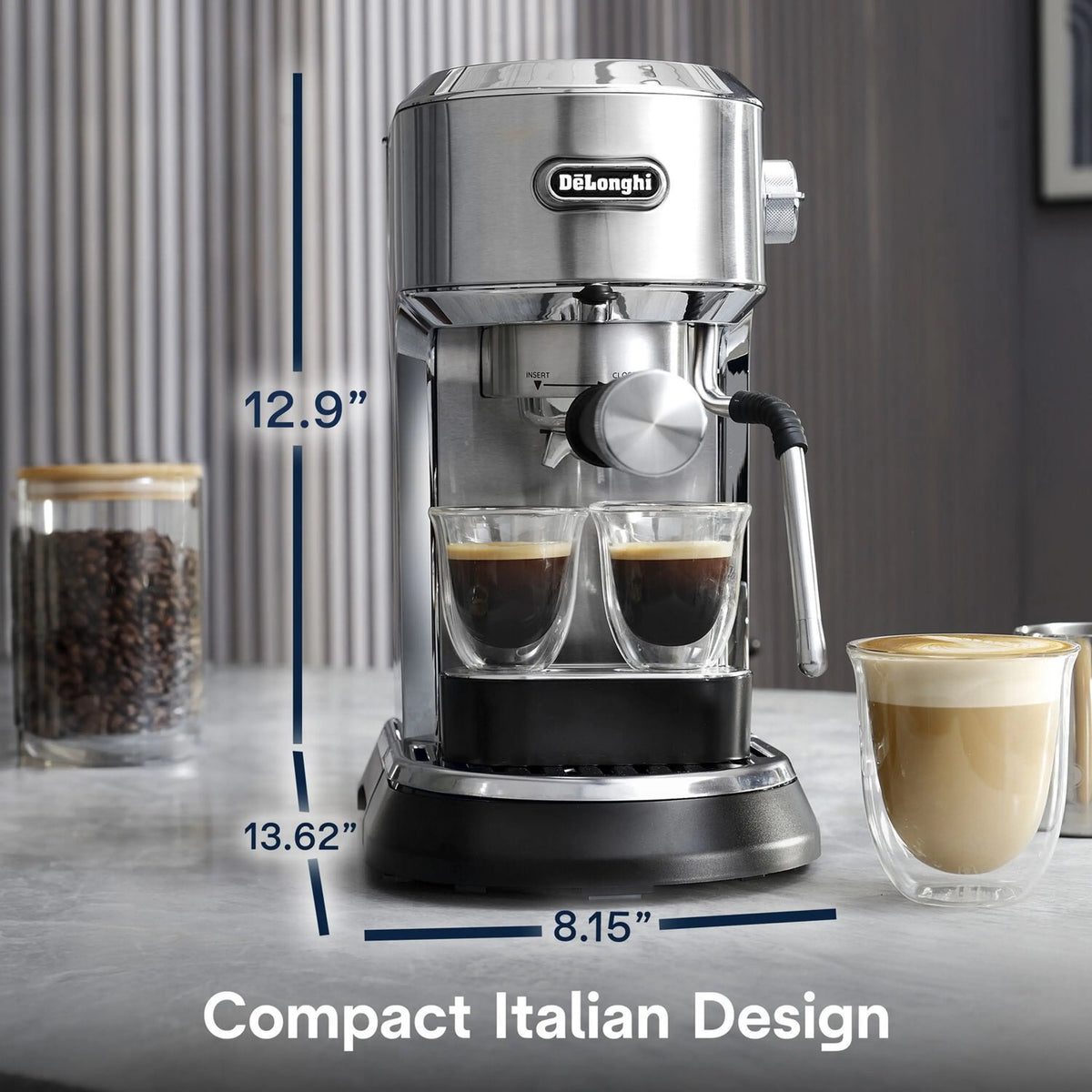 Compact stainless steel espresso machine with steam wand, showing two filled glass cups
