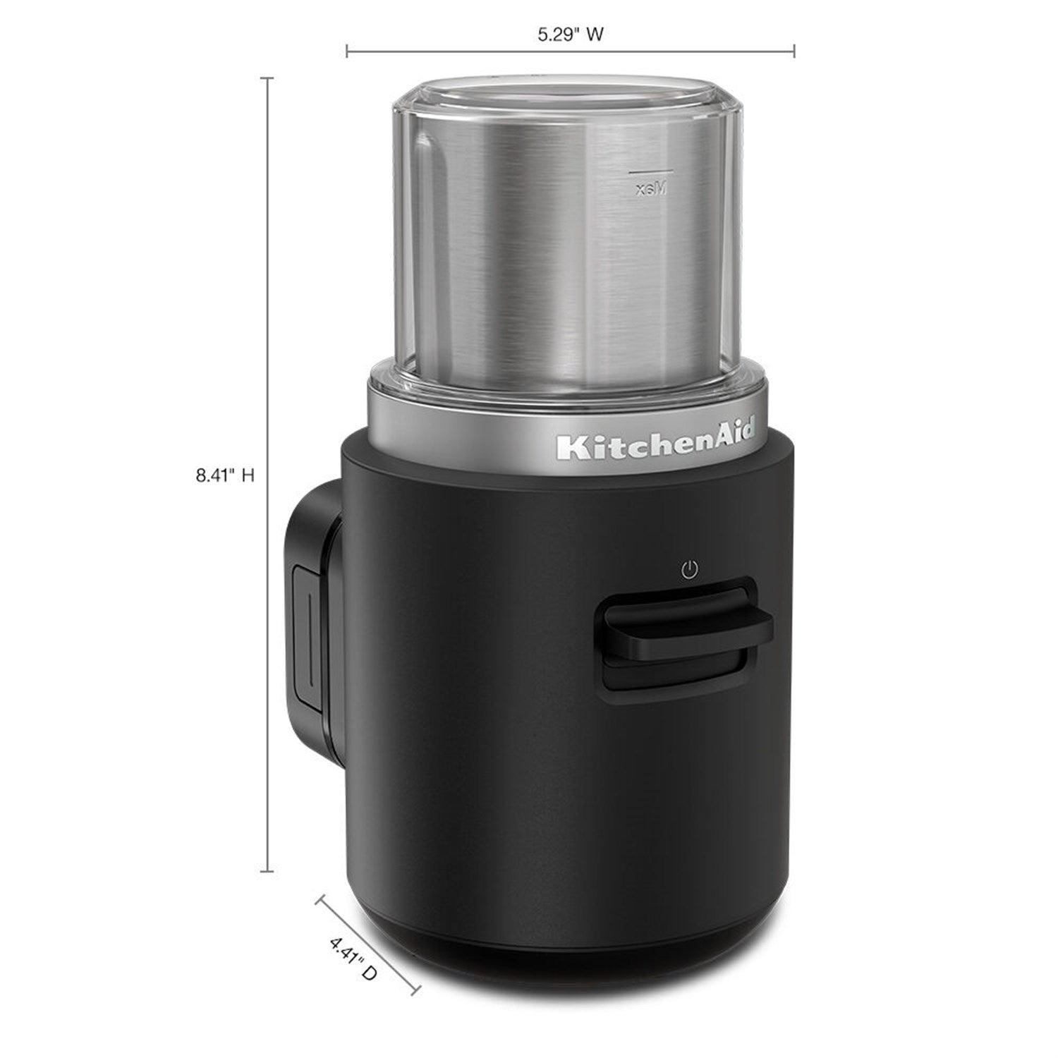 Black matte cordless coffee grinder with stainless top shown with product size dimensions