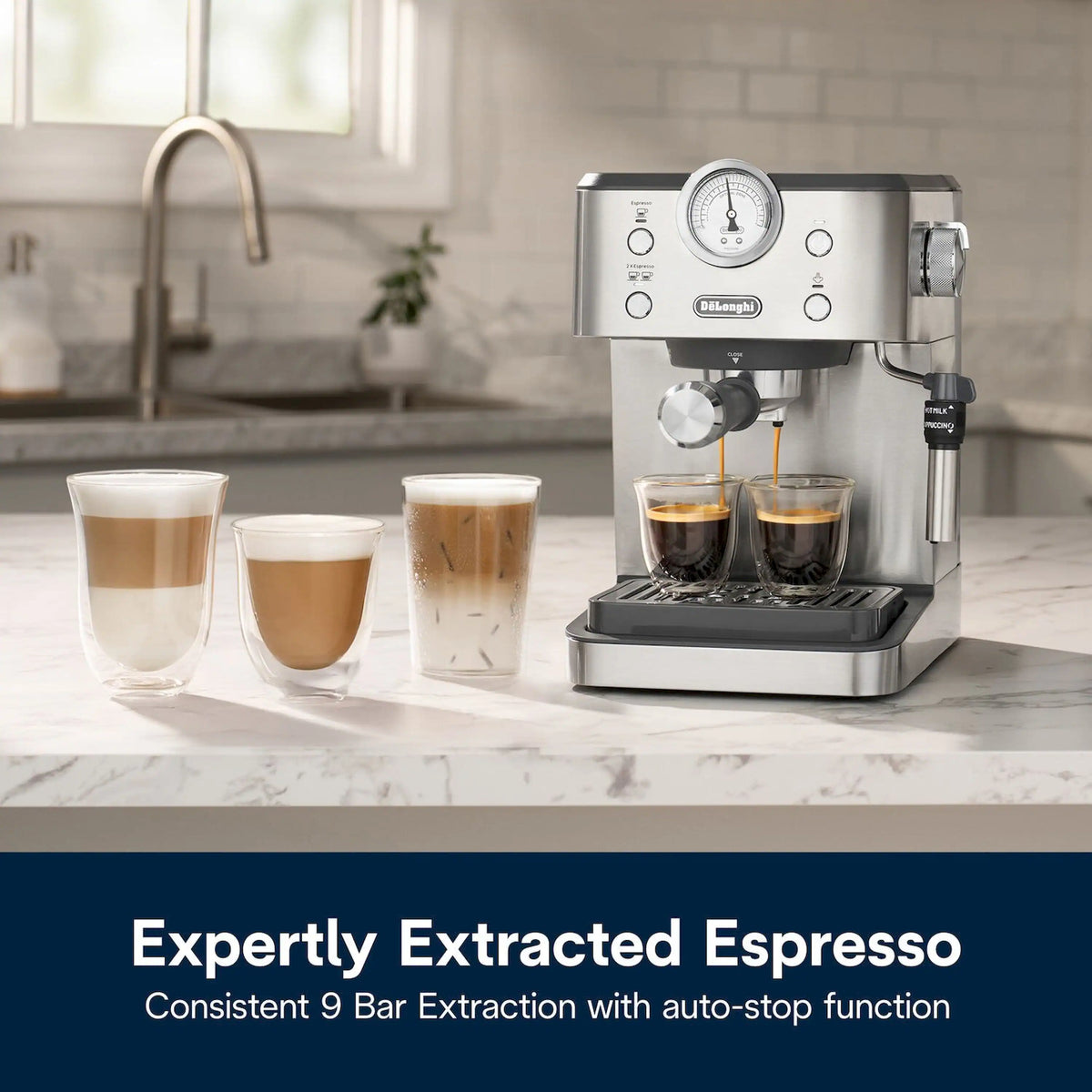 Stainless steel espresso machine with pressure gauge and milk frother, with four cups lined up