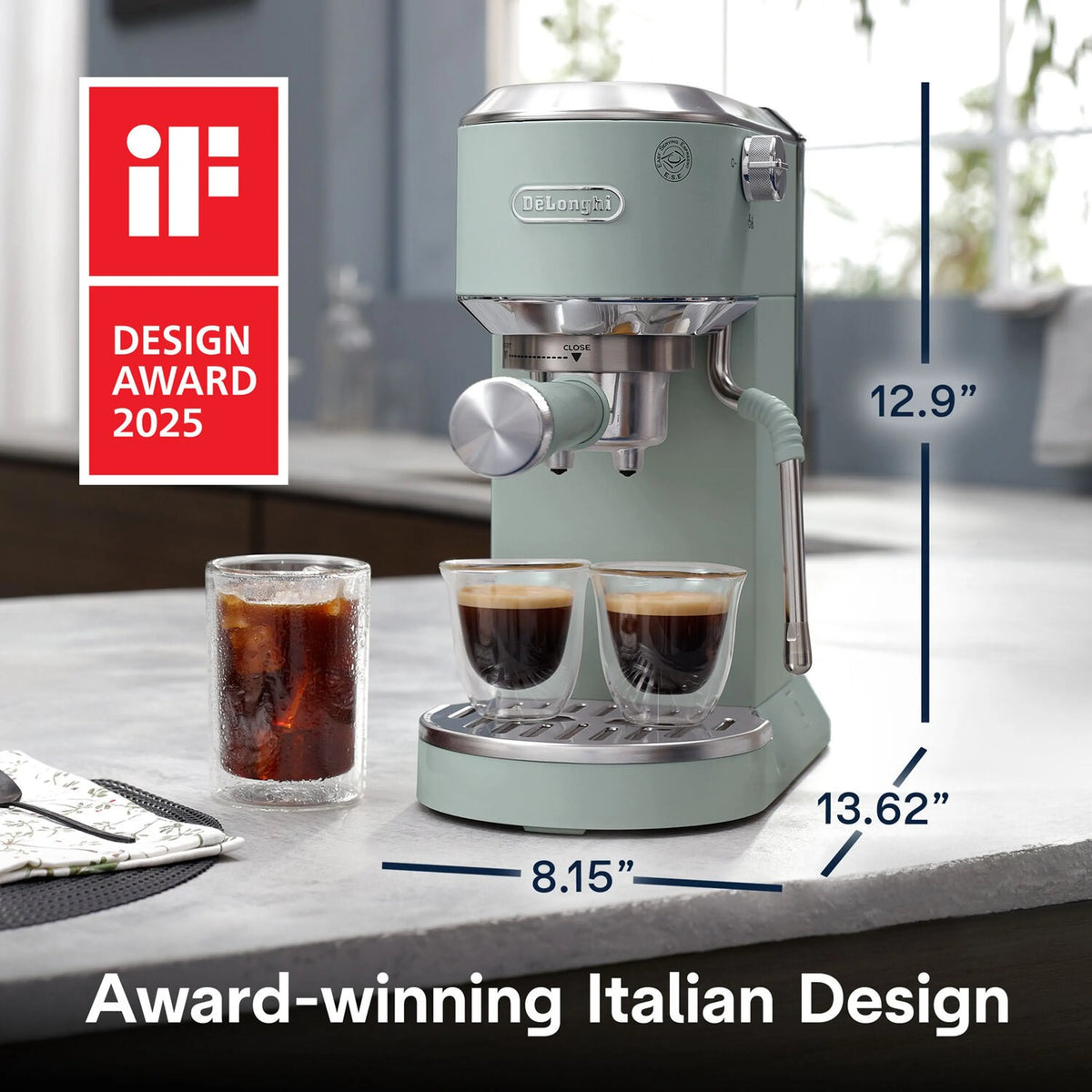 De'Longhi Dedica Duo espresso machine, mint green, with two espresso cups and cold brew glass