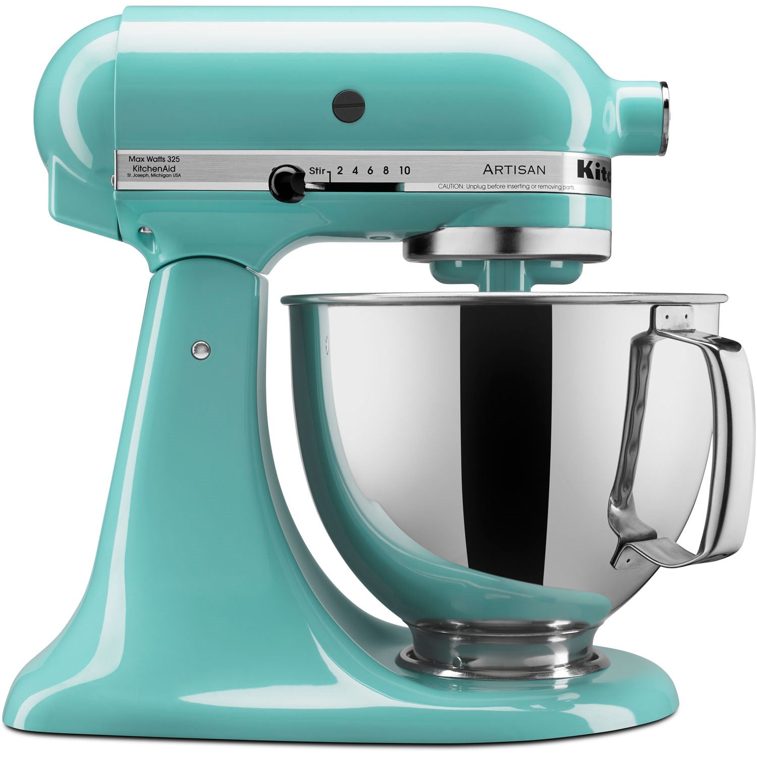 Blue aqua stand mixer head with stainless bowl and beater attachment, front view