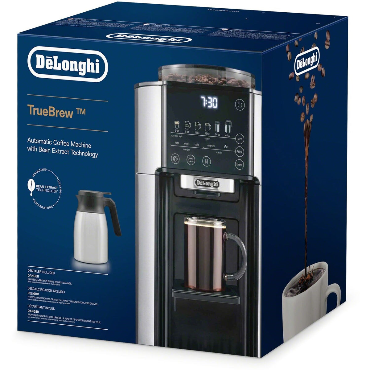 De'Longhi TrueBrew automatic coffee maker in blue retail box with silver and black design