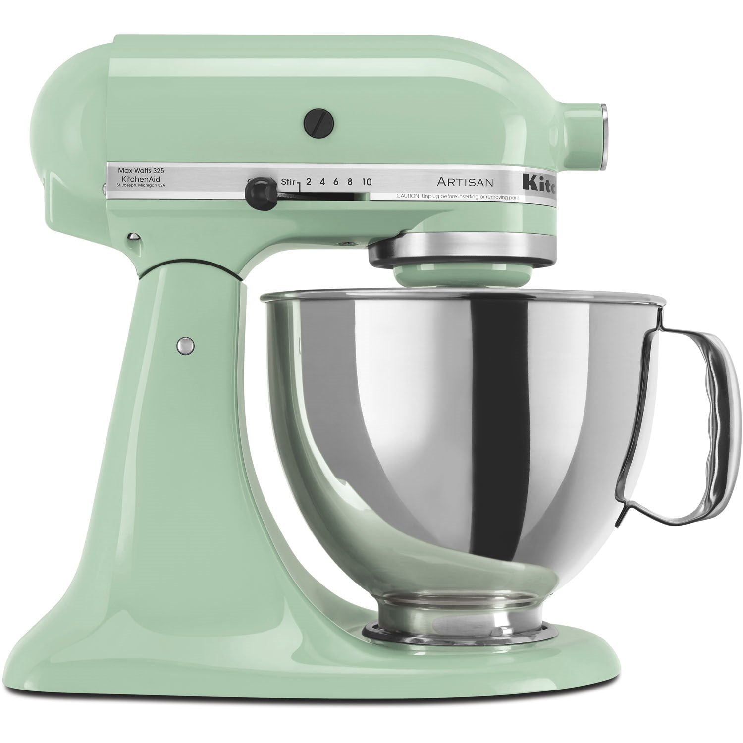 Pistachio tilt-head stand mixer with stainless bowl and control dial on head