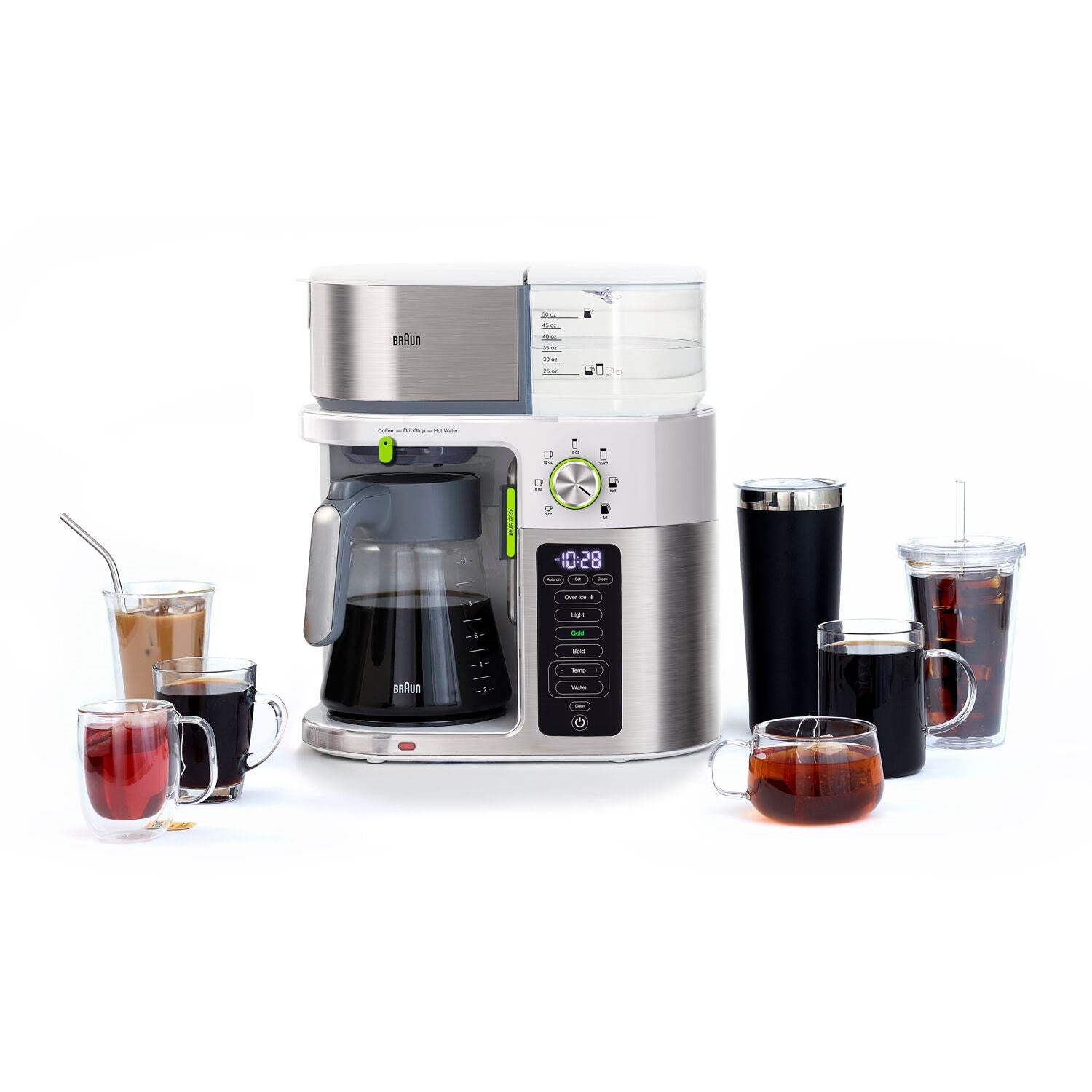 Stainless steel and white multi-serve coffee brewing system with glass carafe