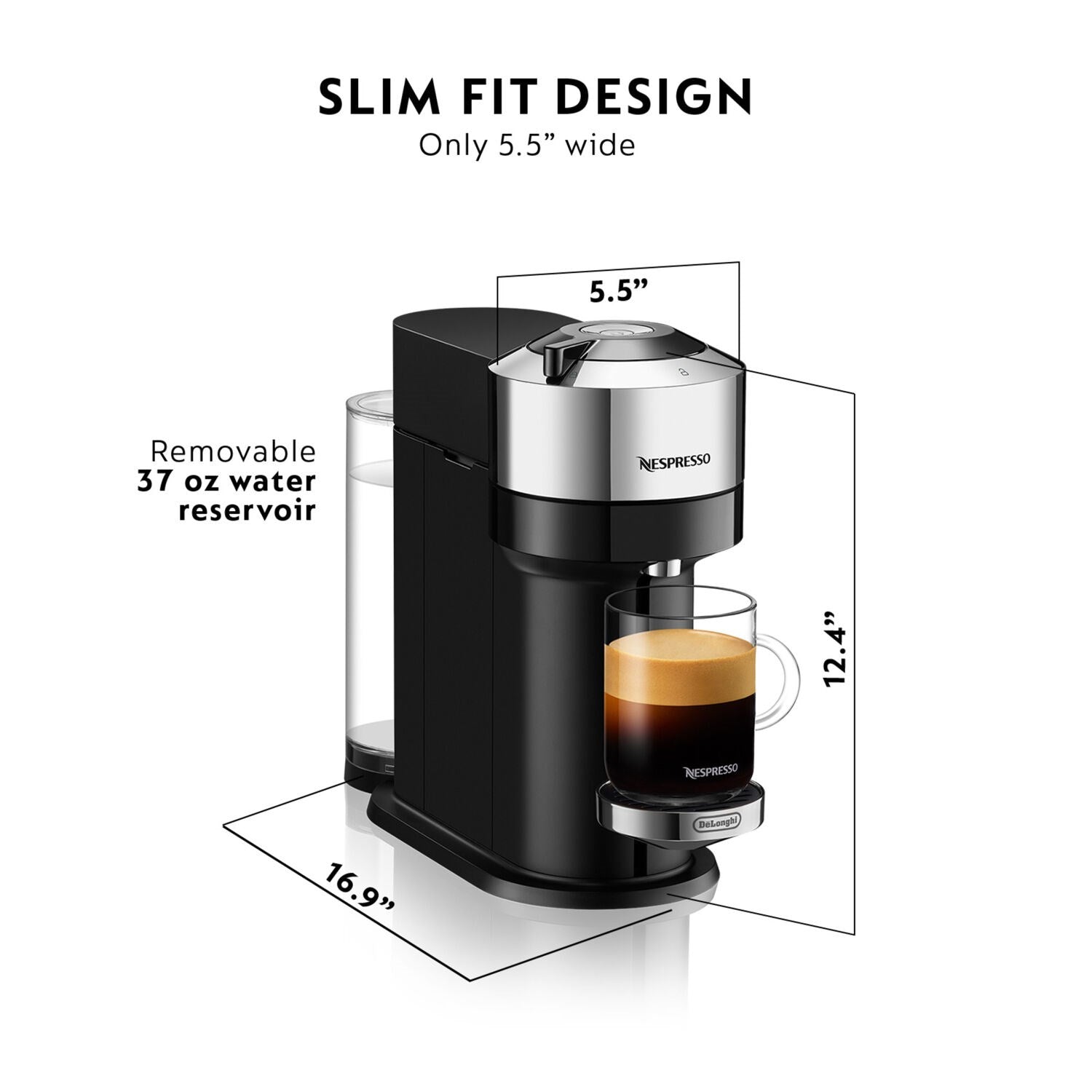 Compact Nespresso Vertuo Next coffee machine with removable water reservoir