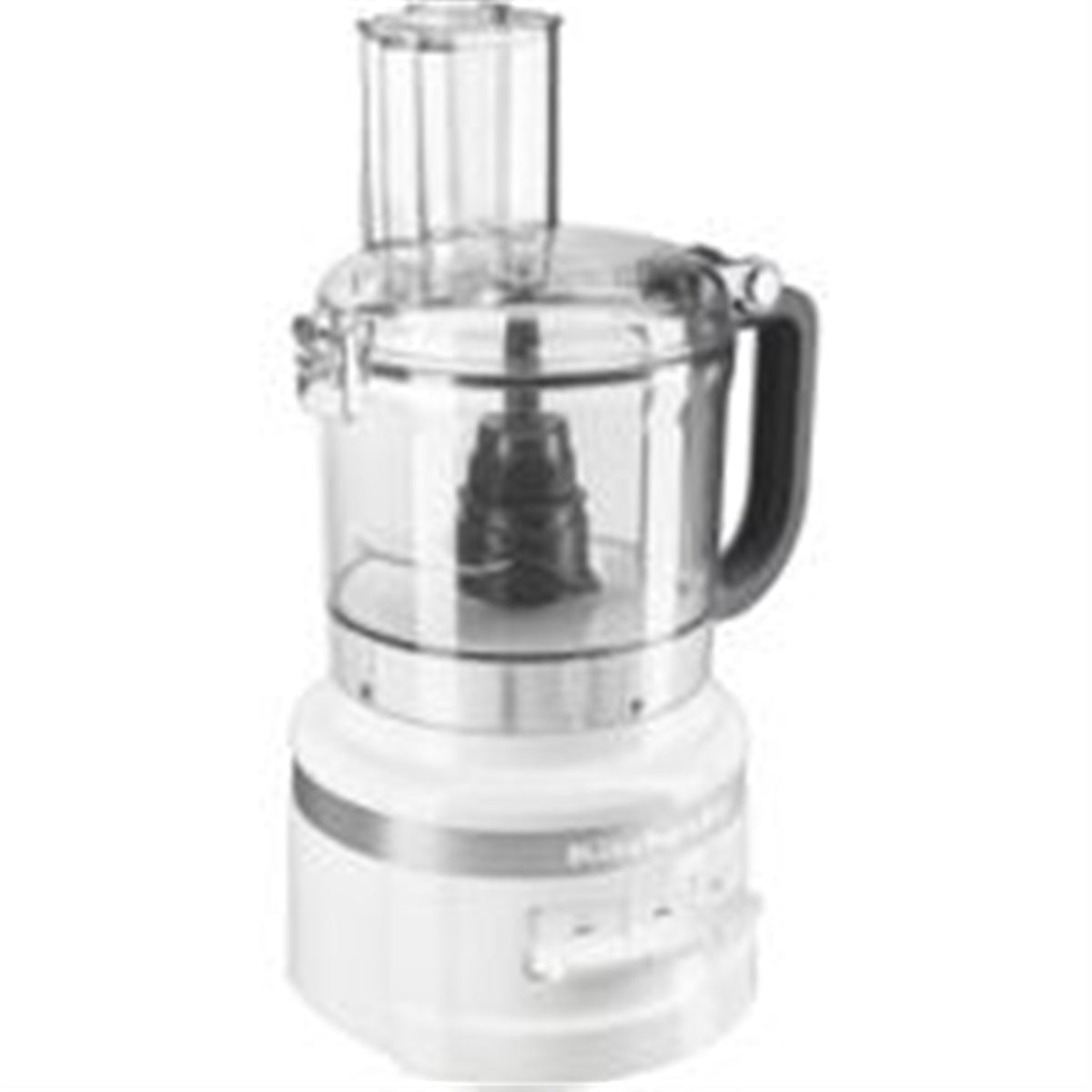 White food processor with clear bowl and handle, showing the central drive