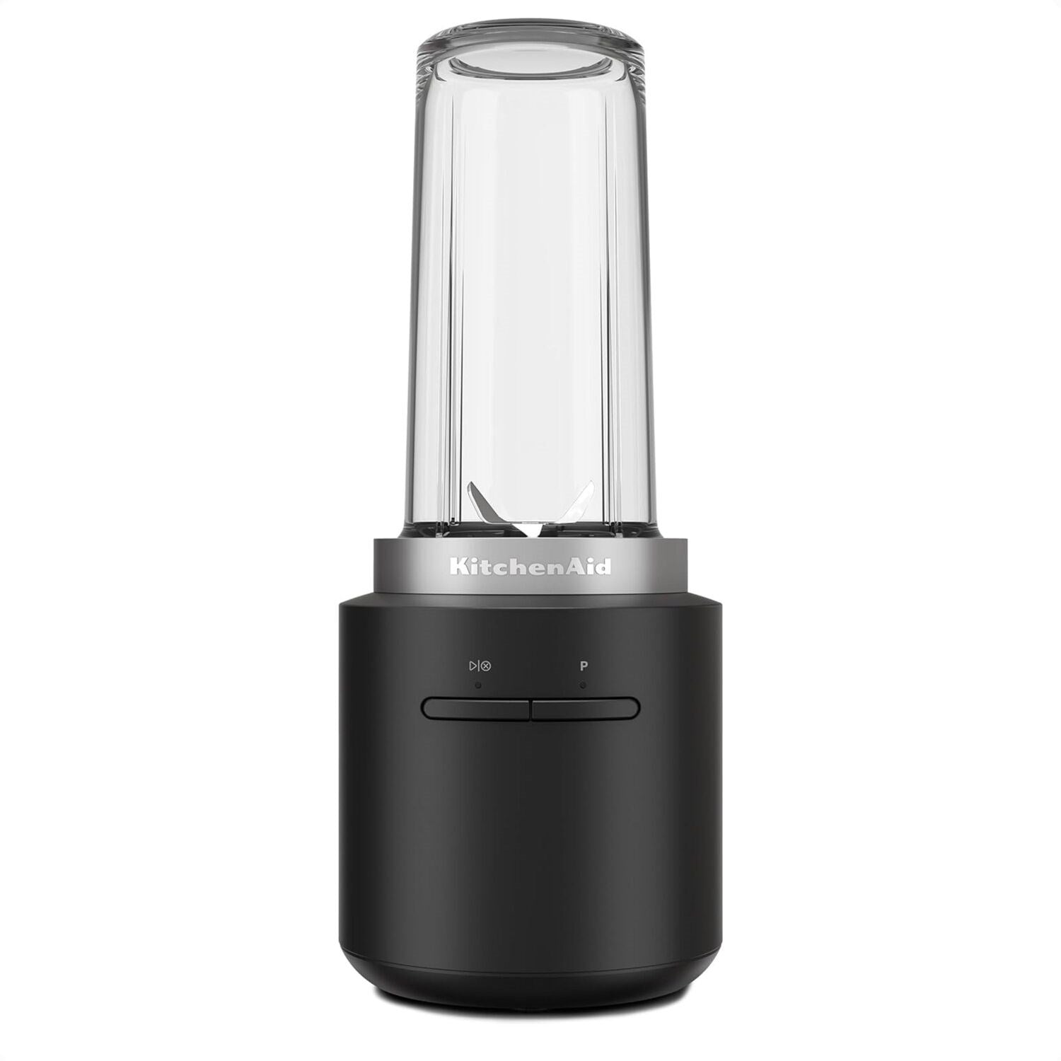 Front view of black cordless personal blender with clear jar and control button