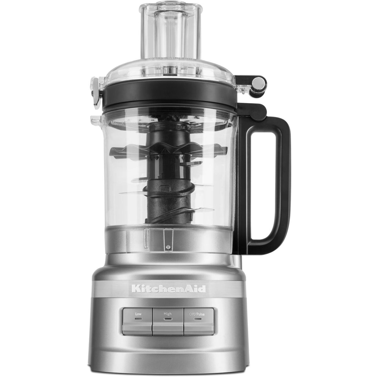 KitchenAid food processor with clear bowl and dark lid, silver base
