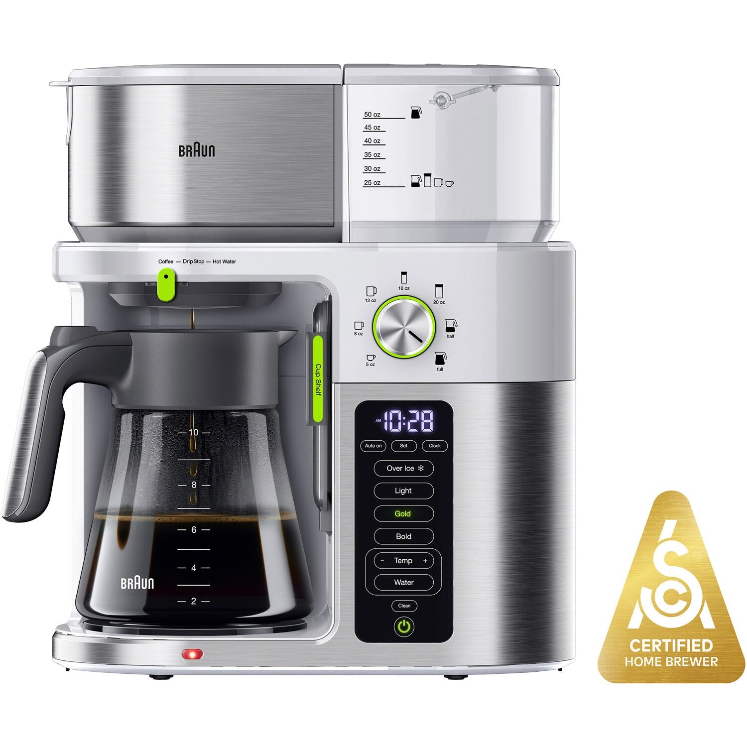 Stainless steel and white Braun coffee maker with glass carafe and control panel