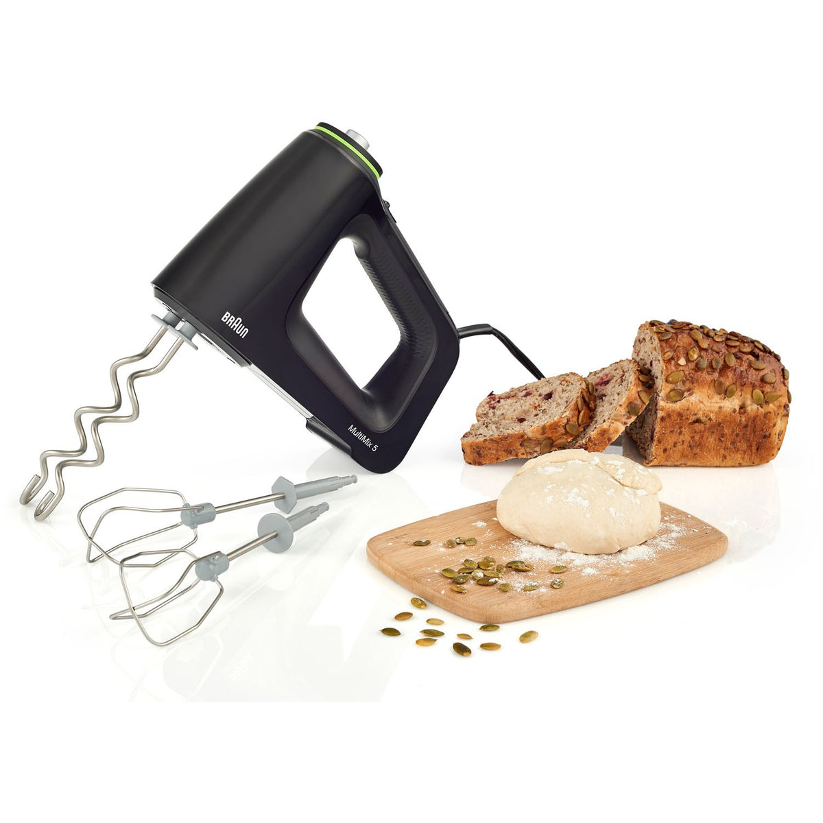 Black hand mixer with beaters and dough hooks beside bread and dough pieces.