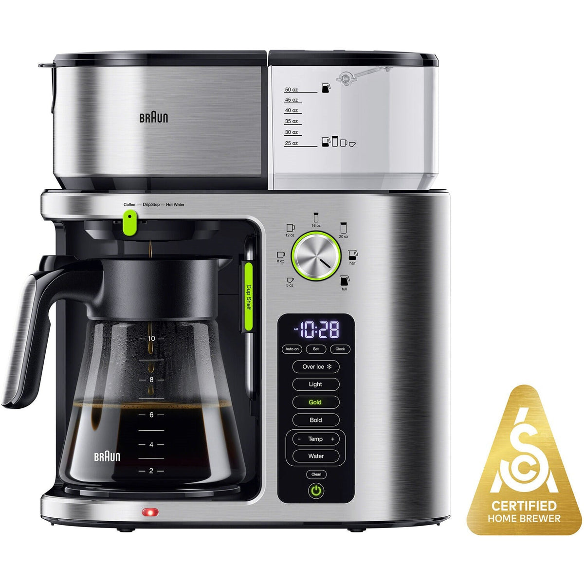 Stainless steel Braun coffee maker with glass carafe and digital control panel