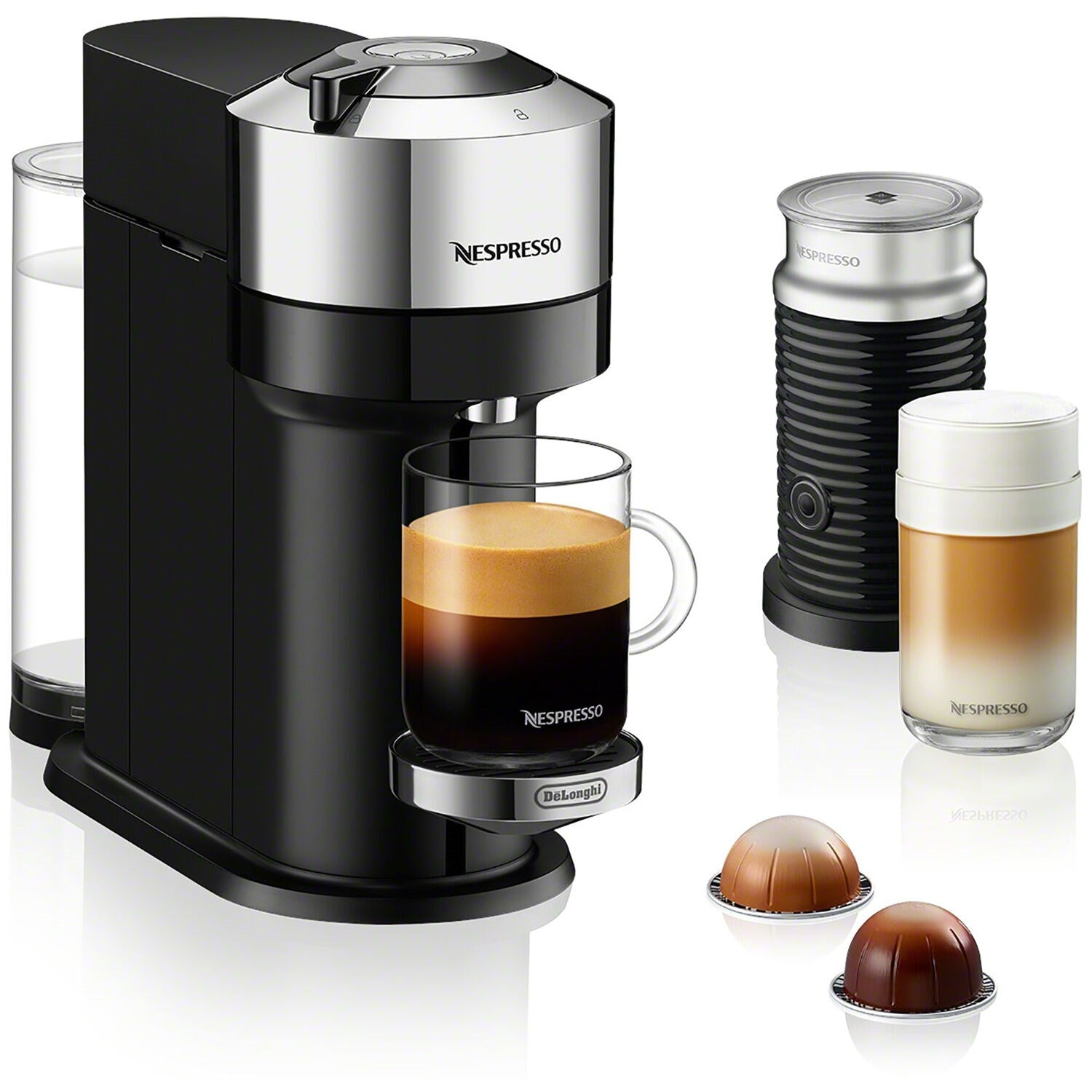 Black Nespresso Vertuo Next coffee machine with Aeroccino milk frother and capsules