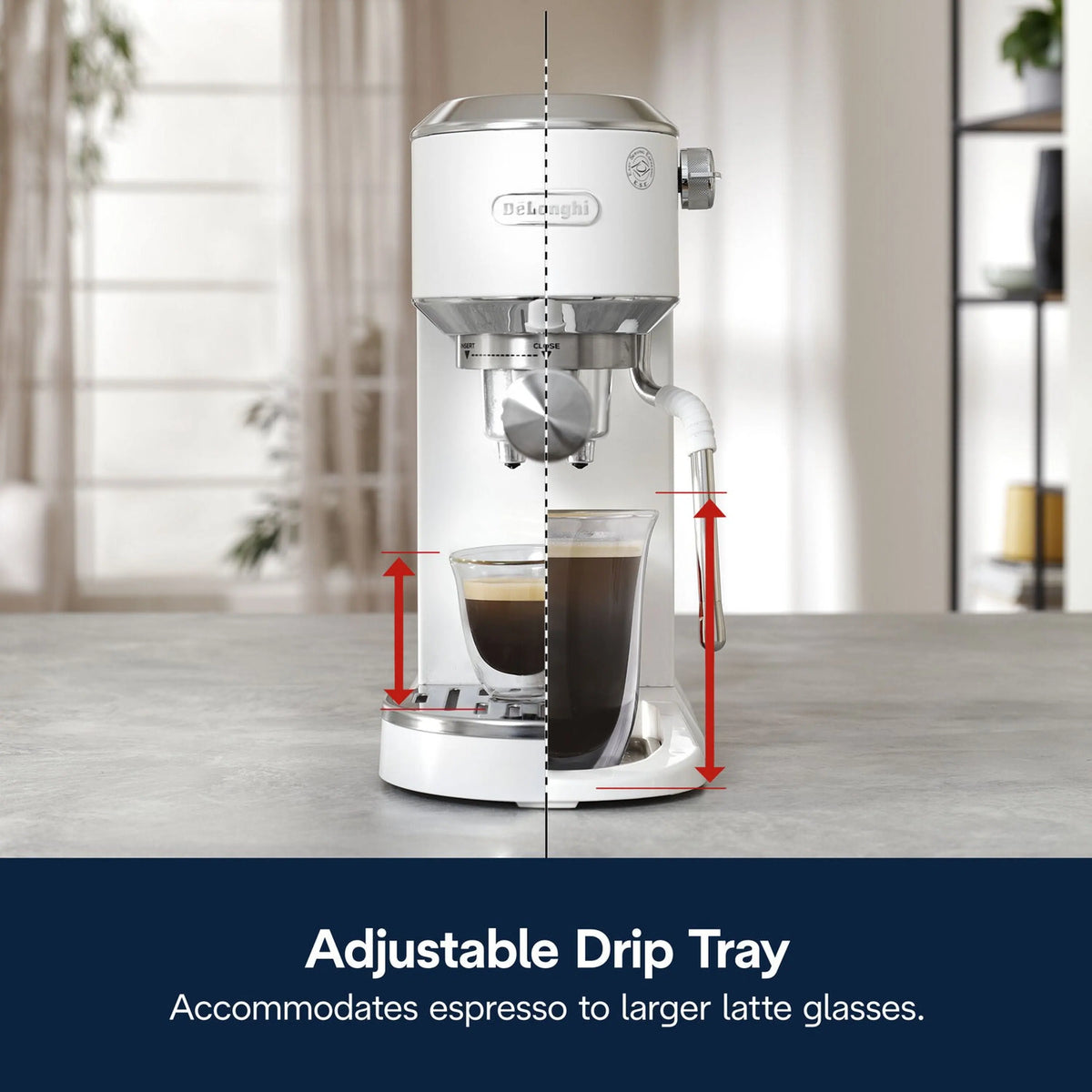 Espresso machine with adjustable drip tray shown by vertical height arrows