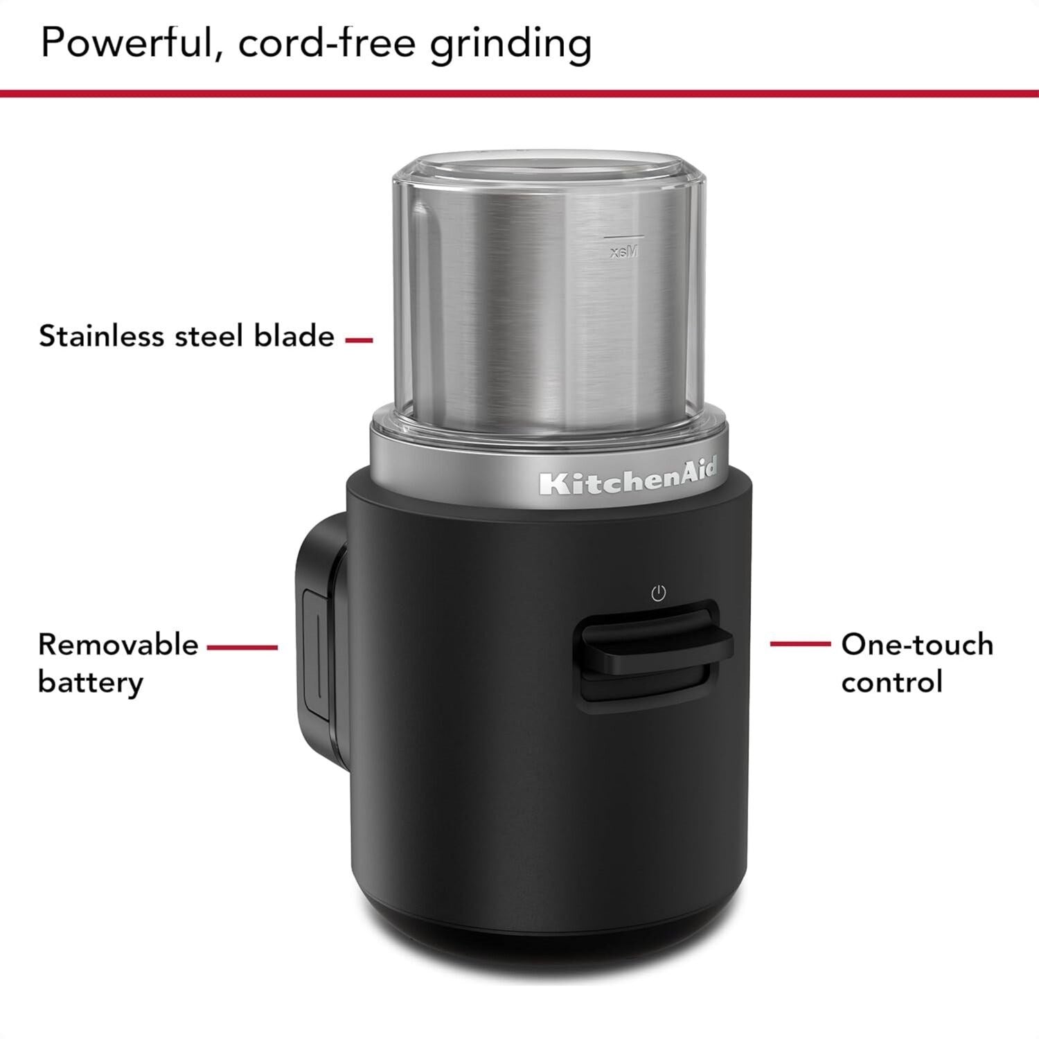 Black matte cordless coffee grinder with stainless blade chamber and one-touch control