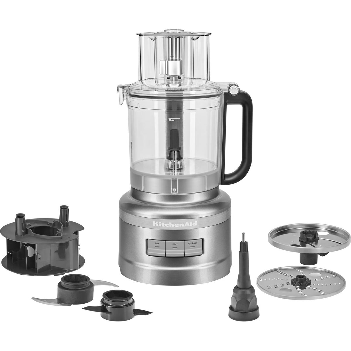 Silver food processor base with clear bowl plus included slicing discs and blades