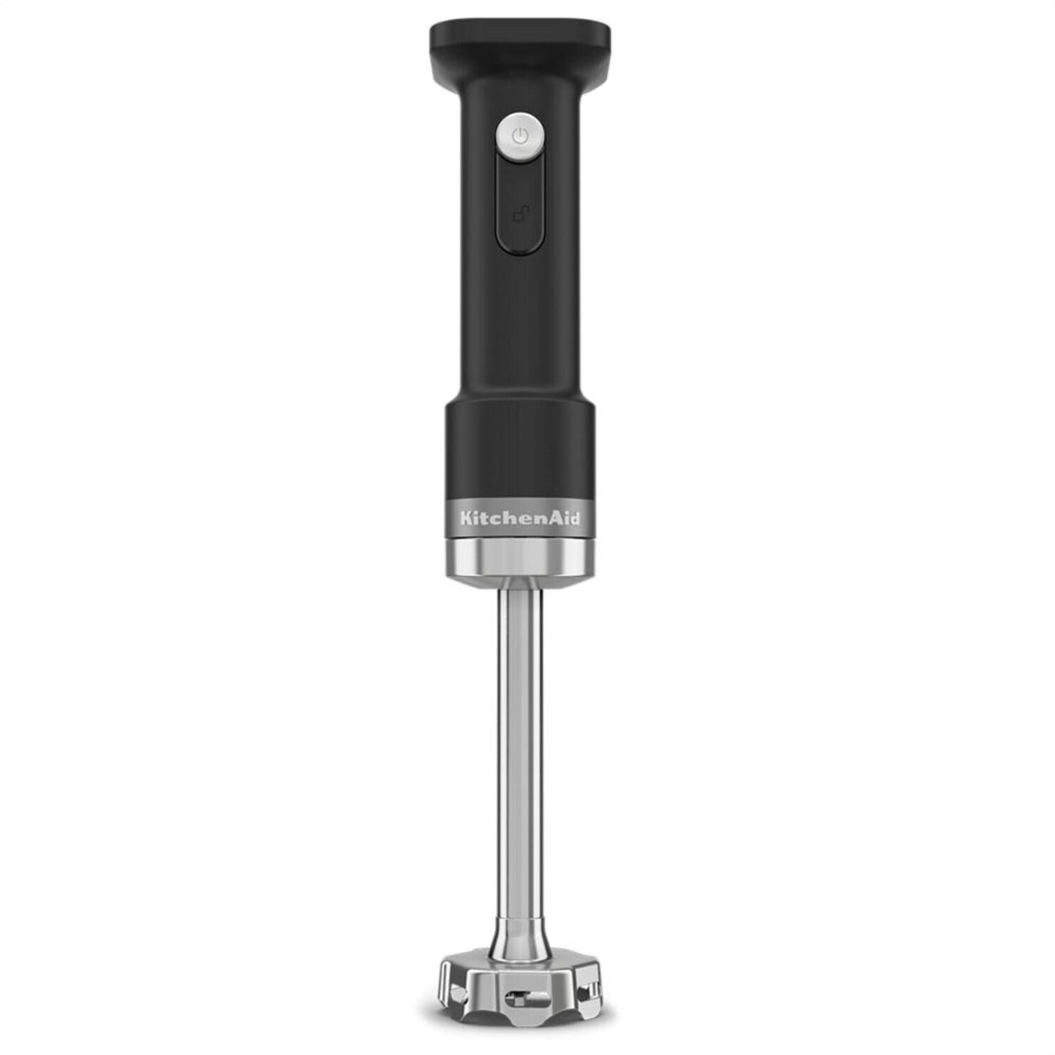 Cordless hand blender with black handle and stainless steel blending shaft, front view.