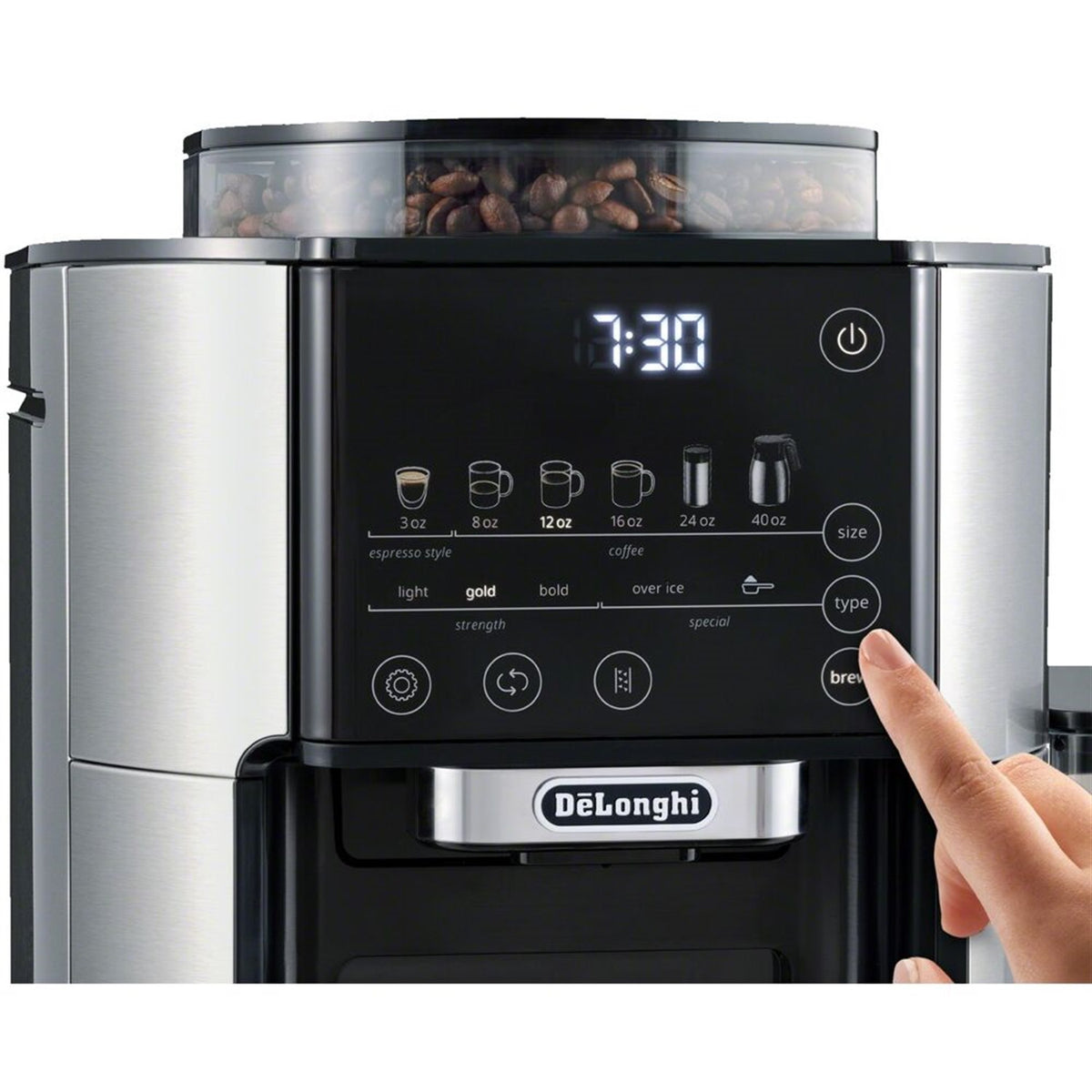 De'Longhi TrueBrew coffee maker control panel with display and buttons, brushed silver and black