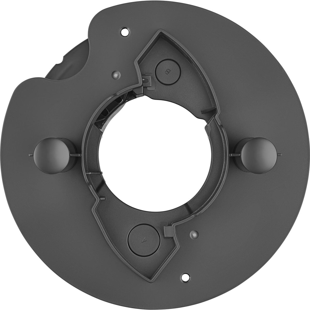 Gray food processor attachment disc with central drive opening and side knobs