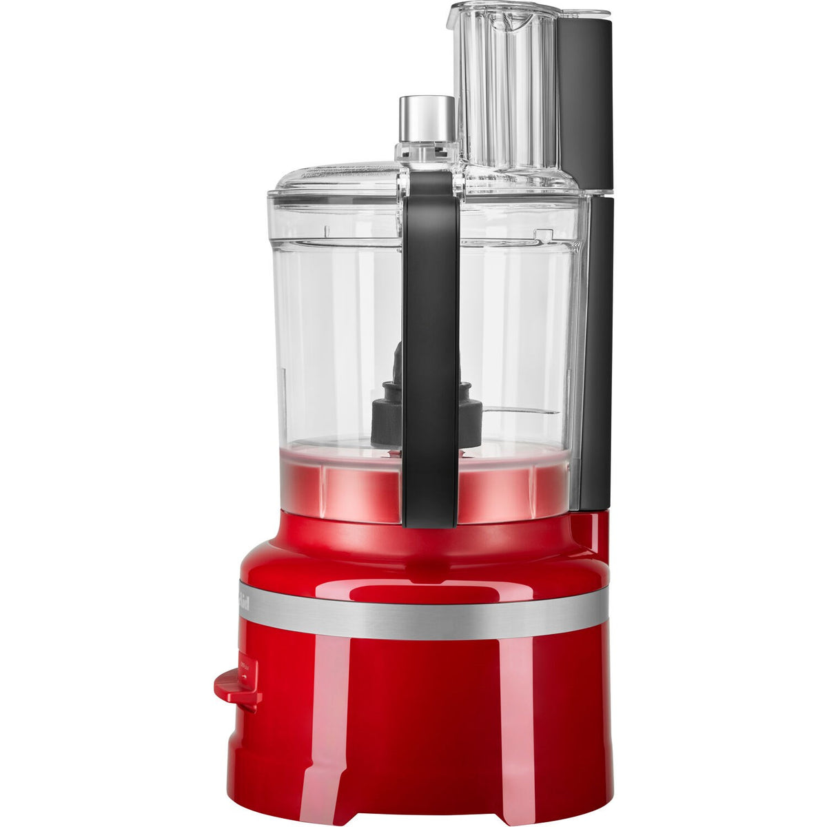 Empire Red KitchenAid food processor with clear bowl and black center blade post