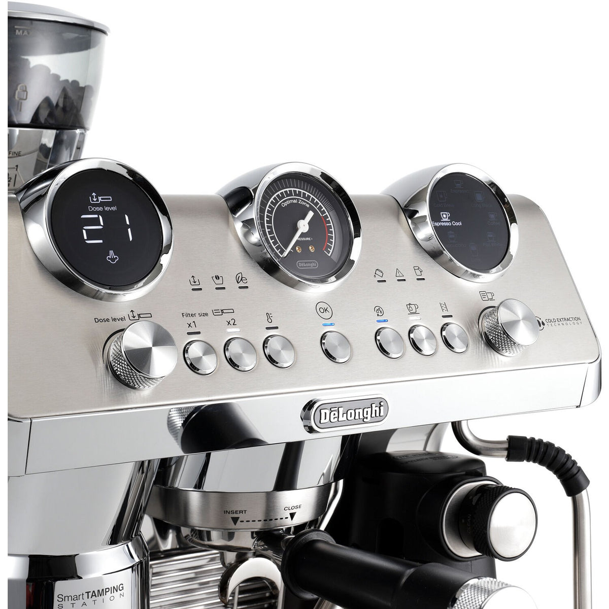 Stainless steel De'Longhi espresso machine top panel with dials and buttons