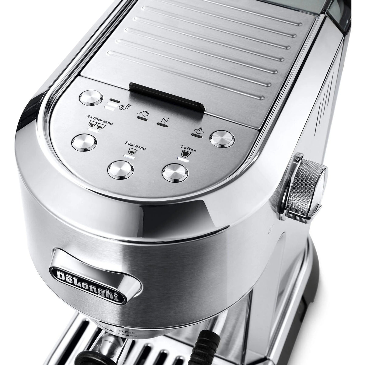 Stainless steel espresso machine with control buttons and steam wand