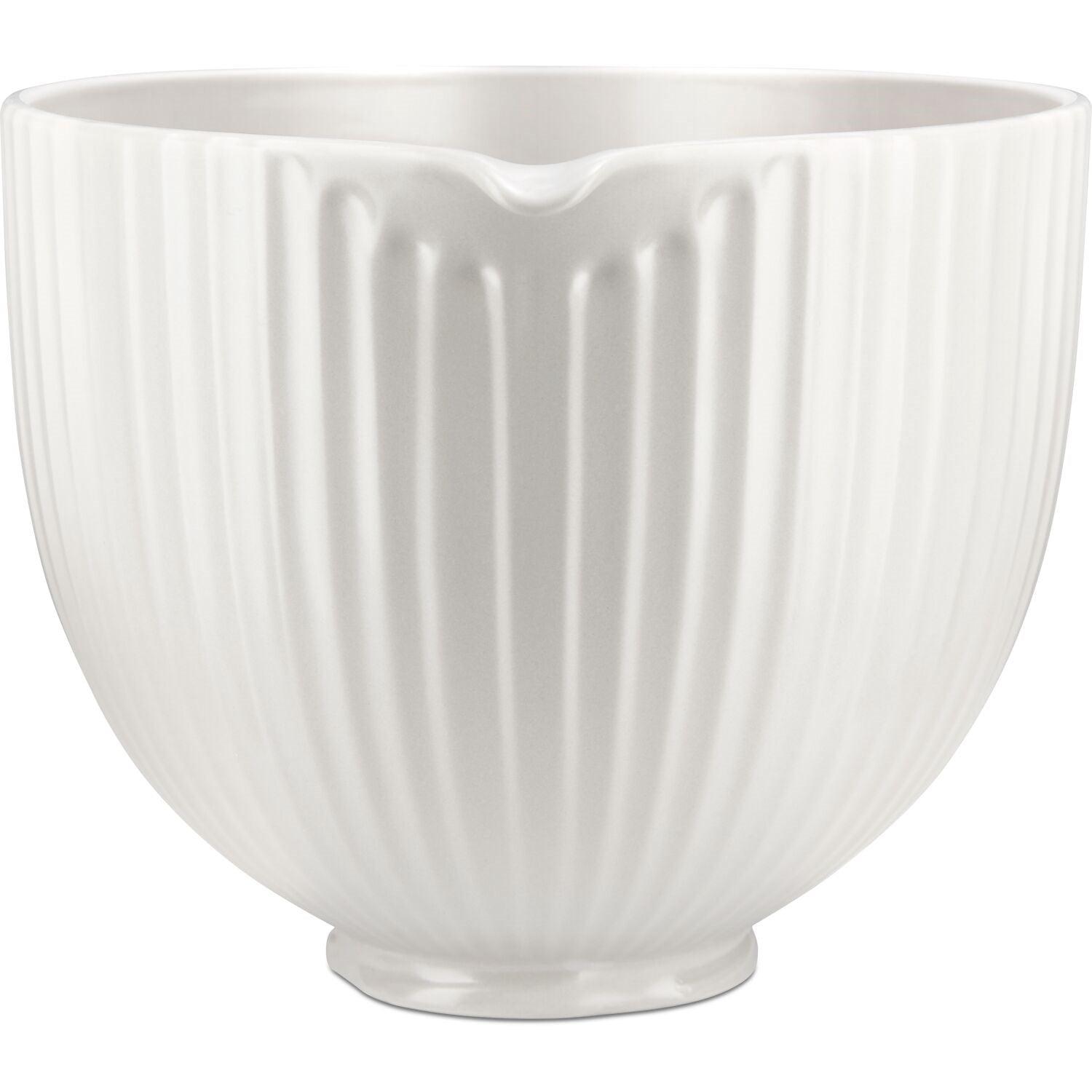 White ceramic mixing bowl with ribbed texture and center pour spout rim