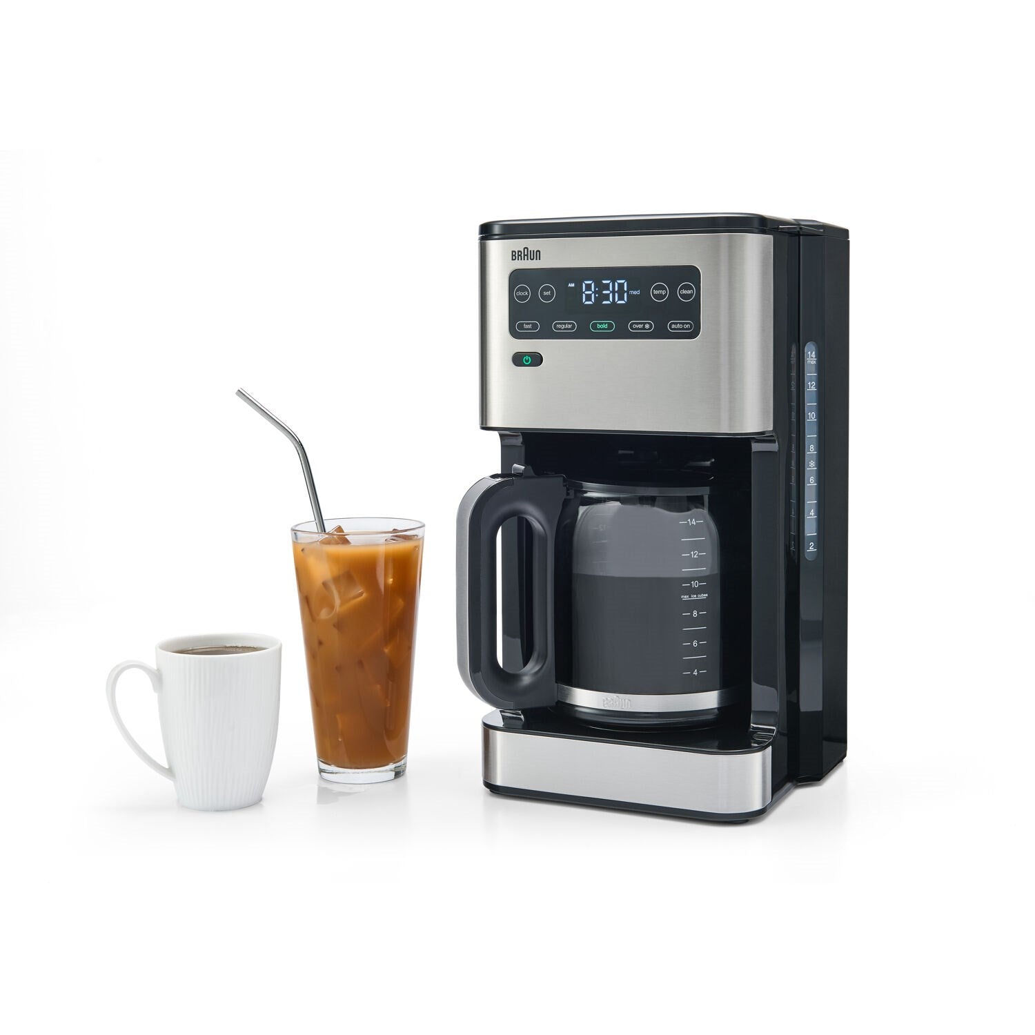 Black Braun iced coffee maker on countertop with iced coffee and mug